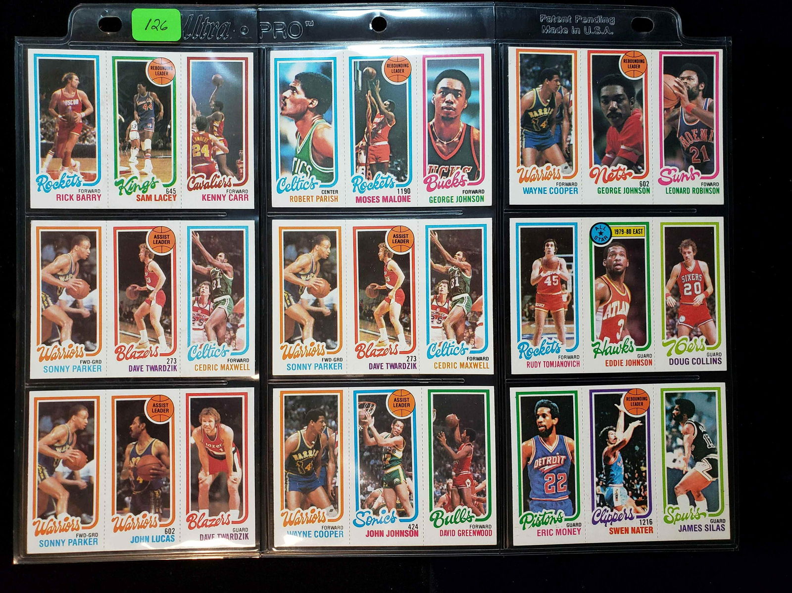 1980-'81 TOPPS BASKETBALL CARDS HIGHER GRADE SET: (9) DIFFERNET MINTY FRESH 1980-81'S RICK BARRY HOUSTON ROCKETS, ROBERT PARISH CELTICS, CEDRIC MAXWELL, RUDY TOMJANOVICH, DOUG COLLINS, ERIC MONEY, JAMES SILAS