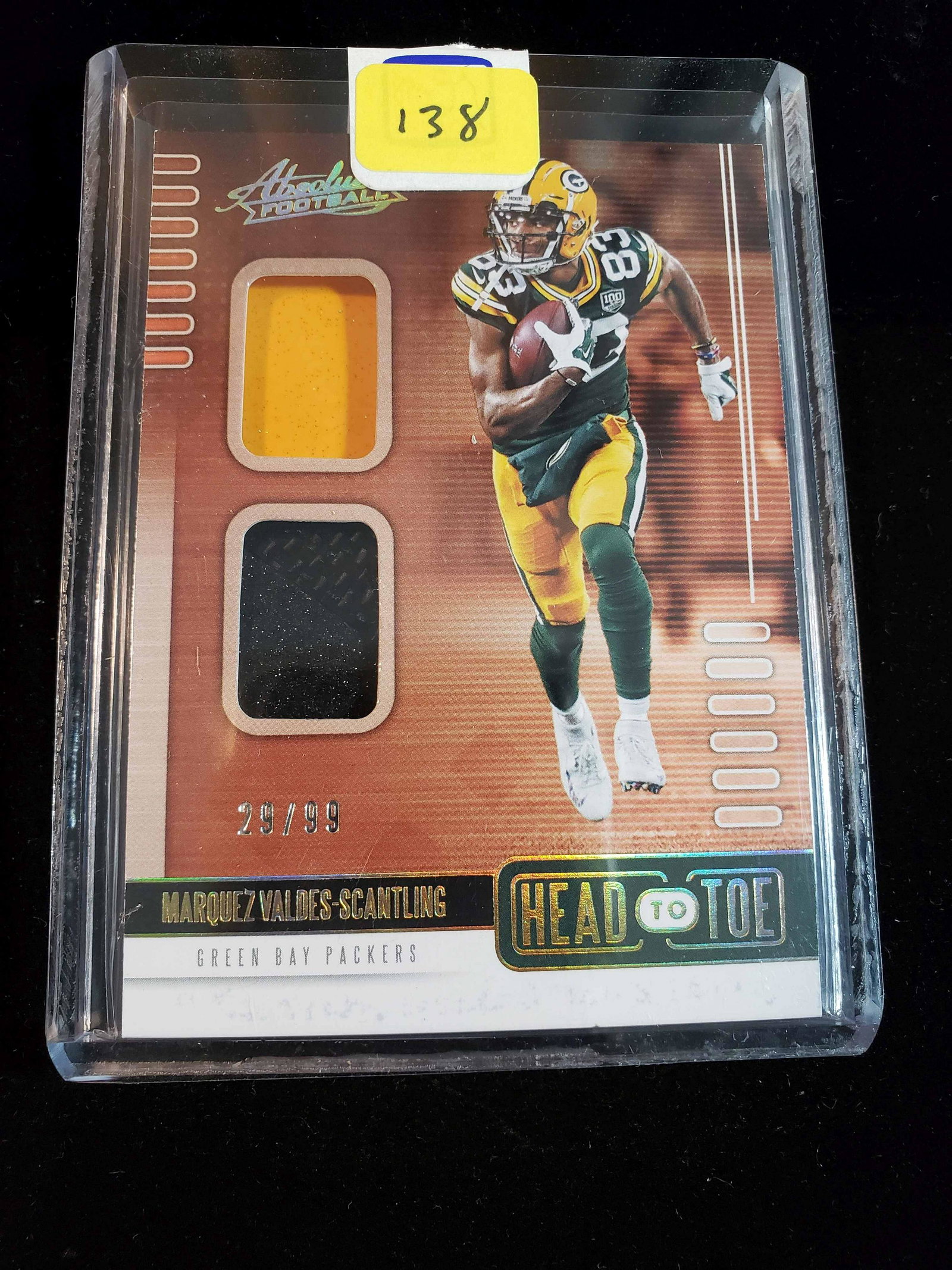 ABSOLUTE FOOTBALL DUAL MEMORABILIA CARD: MARQUEZ VALDEZ-SCANTLING GB PACKERS HEAD TO TOE HELMET AND SHOES DUAL MEMORABILIA CARD #'D 29/99