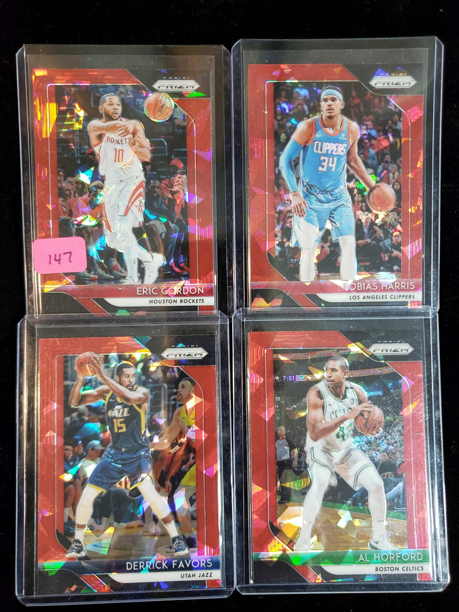 LOT OF 4 PANINI PRIZM RED CRACKED ICE PARALELLS: ERIC GORDAN, TOBIAS HARRIS, DERRICK FAVORS, AL HORFORD