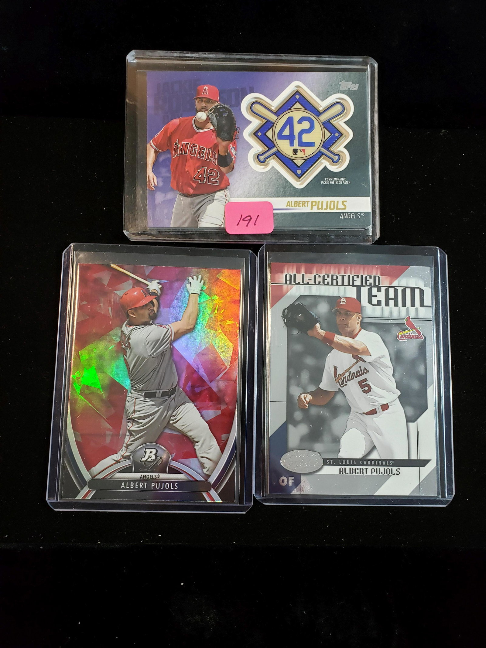 ALBERT PUJOLS BASEBALL CARD COLLECTION: JACKIE ROBINSON DAY PATCH RELIC, 2002 ALL CERTIFIED TEAM INSERT CARD, 2013 BOWMAN PLATINUM
