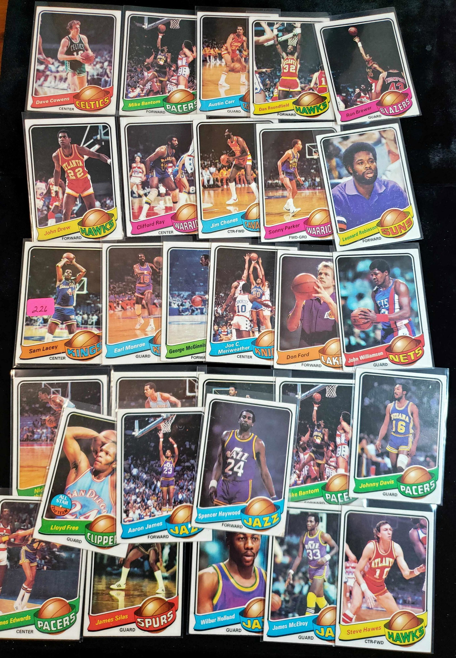 1979 TOPPS BASKETBALL CARD LOT OF 29 CARDS: EX PLUS CONDITION OVERALL SOME BETTER AND VERY FEW WITH LIGHT WEAR INCLUDES EARL MONROE, DAVE COWENS, AUSTIN CARR, SPENCER HAYWOOD, LLOYD FREE, JAMES SILAS AND MANY MORE.