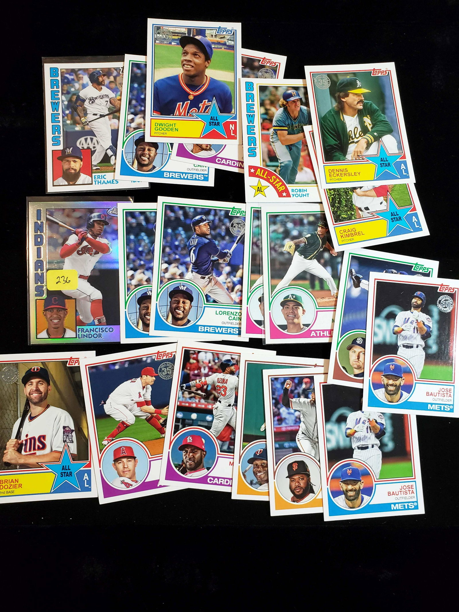 TOPPS 35TH ANNIVERSARY INSERT LOT: TOPPS POPULAR INSERT FEATURING THE 35TH ANNIVERSARY OF PAST ISSUES 1983 AND 1984 TOPPS ANNIVERSARY INSERTS, CLEVELAND STAR SS FRANSISCO LINDOR SILVER REFRACTOR, LORENZO CAIN, ROBIN YOUNT, DOC GOODEN