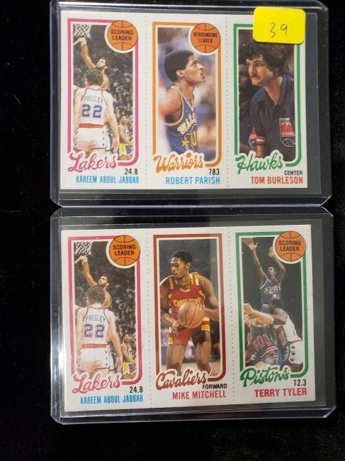 1980-81 TOPPS BASKETBALL KAREEM ABDUL JABBAR: 2 DIFFERENT PANELS WITH KAREEM ABDUL JABBAR LOS ANGELES LAKERS WITH ROBERT PARISH/TOM BURLESON & WITH MIKE MITCHELL/TERY TYLER