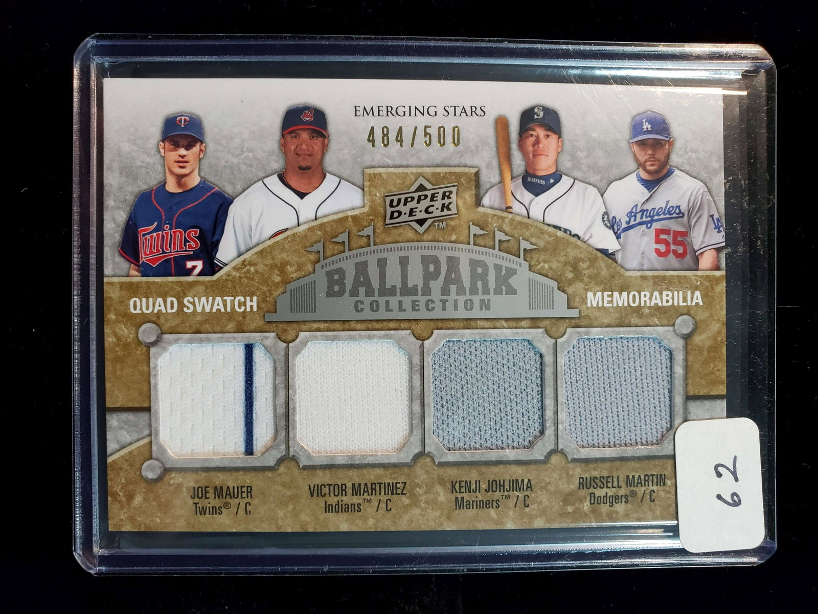 2009 BALLPARK COLLECTION QUAD SWATCH MEMORABILIA: EMERGING STARS GAME USED JERSEY CARD WITH JOE MAUER, VICTOR MARTINEZ, RUSSELL MARTIN, KENJI JONJIMA 484/500