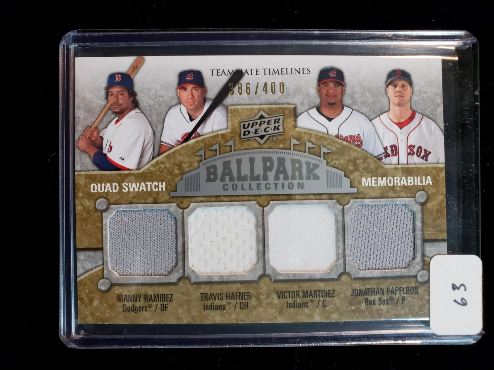 2009 BALLPARK COLLECTION QUAD SWATCH MEMORABILIA: TEAMATE TIMELINES 386/400 GAME USED JERSEY CARD WITH MANNY RAMIREZ, VICTOR MARTINEZ, TRAVIS HAFNER, JONATHAN PAPELBON
