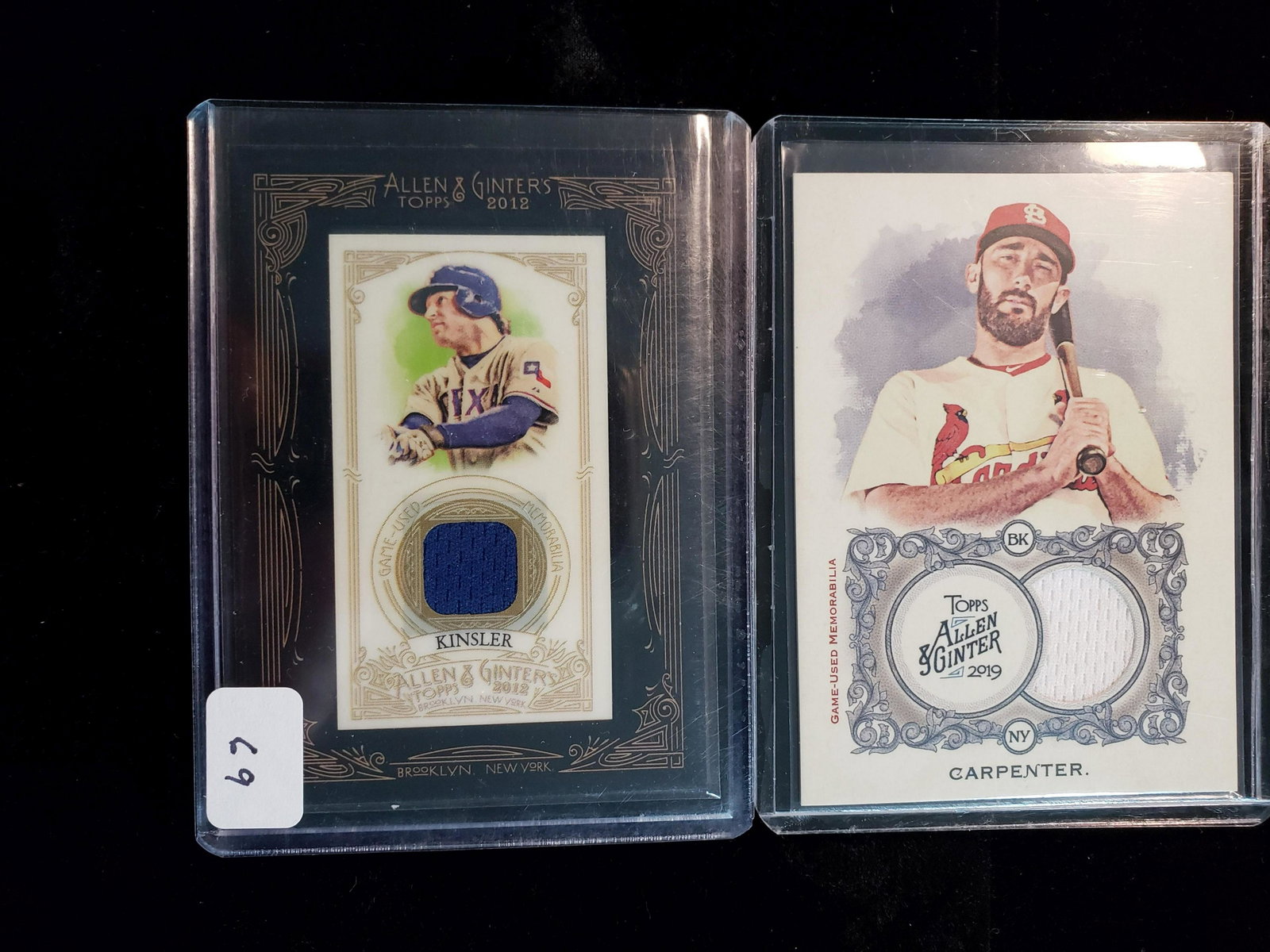 TOPPS ALLEN & GINTER GAME USED MEMORABILIA CARD: IAN KINSLER TEXAS RANGERS FRAMED MINI RELIC, MATT CARPENTER ST. LOUIS CARDINALS