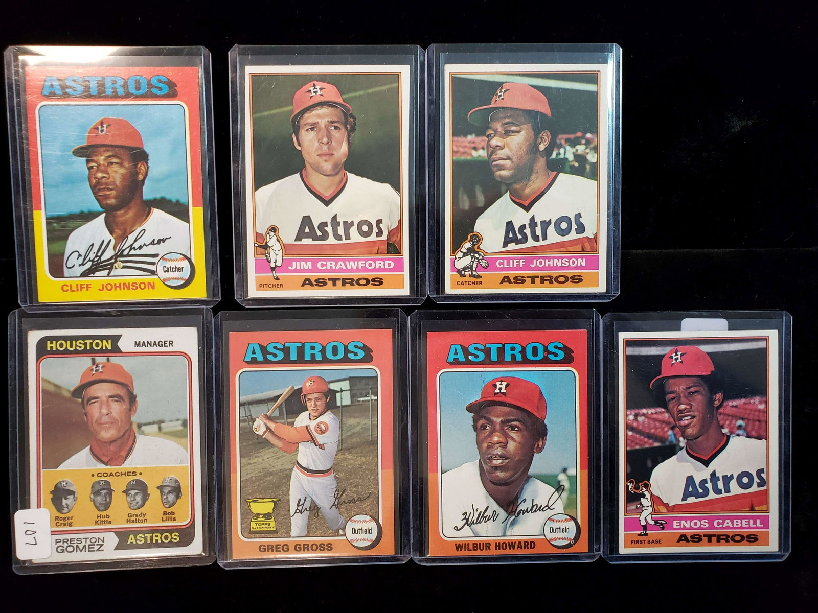 VINTAGE HOUSTON ASTROS BASEBALL CARDS: CLIFF JOHNSON, ENOS CABEL, 1974 PRESTON GOMEZ MANAGER CARD