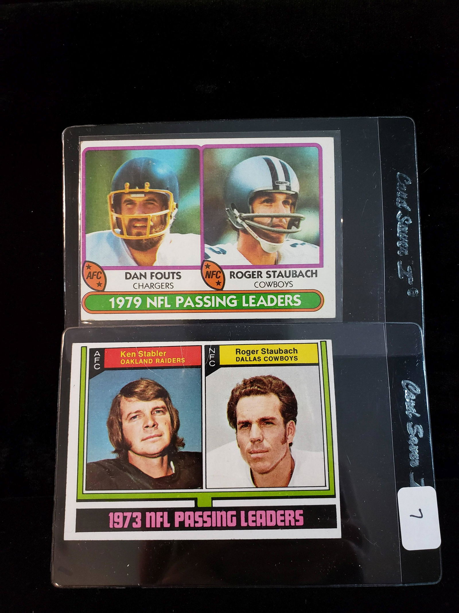 VINTAGE NFL PASSING LEADERS FOOTBAL CARDS: 1974 TOPPS KENNY STABLER/ROGER STAUBACH SURFACE CREASE ON FRONT DISPLAYS WELL, 1980 TOPPS DAN FOUTS/ROGER STAUBACH