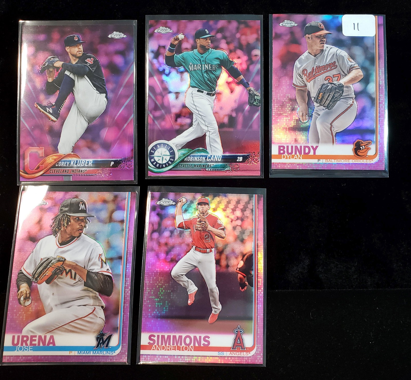 2018-'19 TOPPS CHROME PINK REFRACTORS: DYLAN BUNDY, ROBINSON CANO, CREY KLUBER, JOSE URENA, ANDRELTON SIMMONS