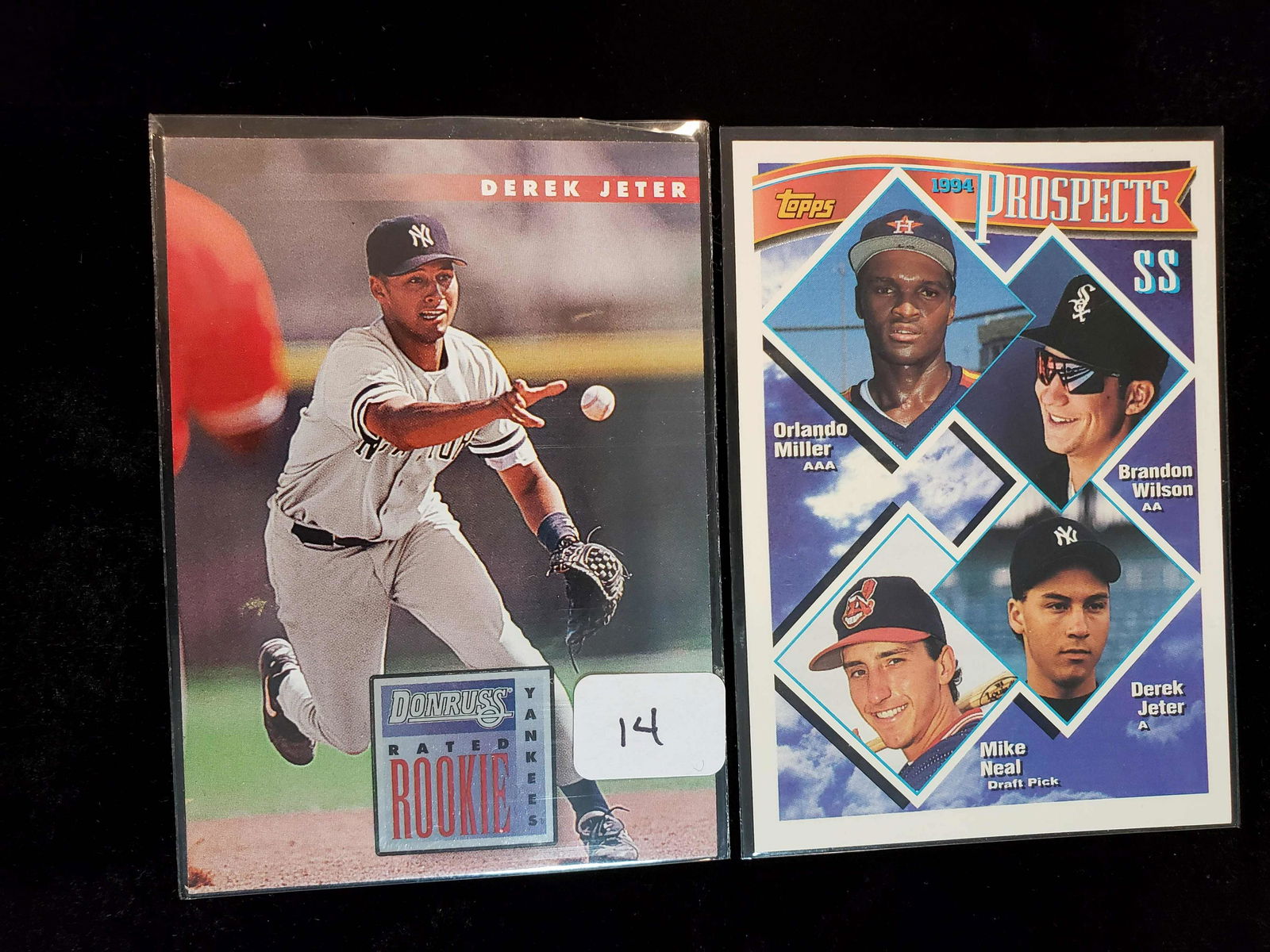 LOT OF 2 DEREK JETER ROOKIE CARDS: TOPPS PROSPECTS AND DONRUSS RATED ROOKIE CARDS