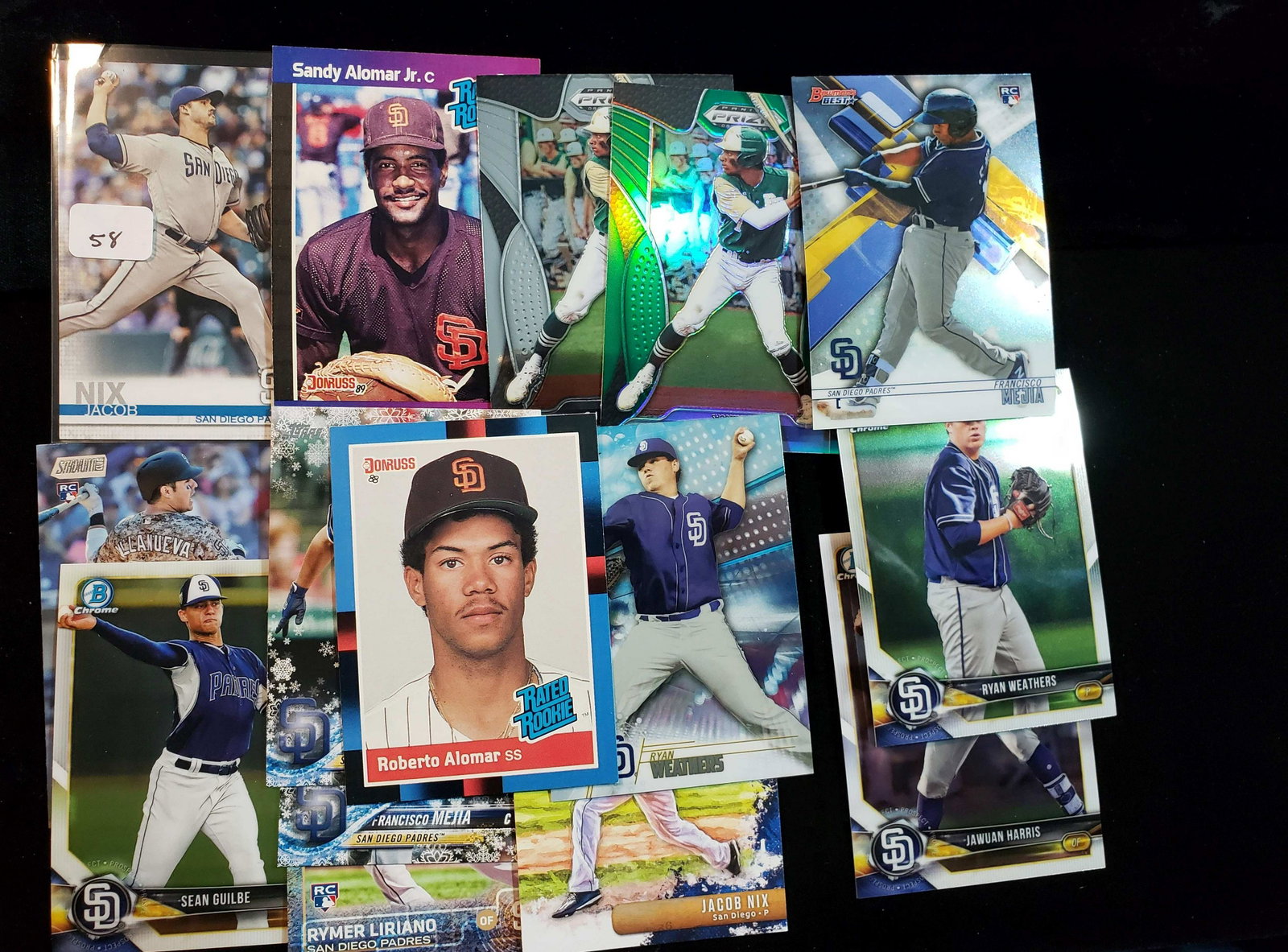 LOT OF 15 ROOKIE AND PROSPECT BASEBALL CARDS: SAN DIEGO PADRES SANDY ALOMAR JR., CJ ABRAMS,RYAN WEATHERS,ROBERTO ALOMAR HOF RC