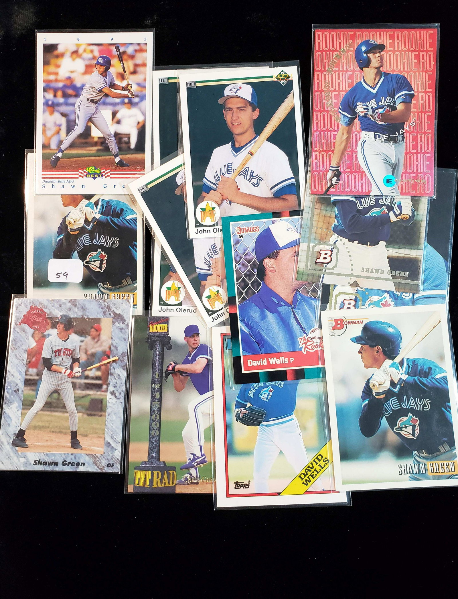LOT OF 15 ROOKIE AND PROSPECT BASEBALL CARDS: TORONTO BLUEJAYS LEGENDS ROOKIES, SHAWN GREEN, JOHN OLERUD, DAVID WELLS, SHANNON STEWART