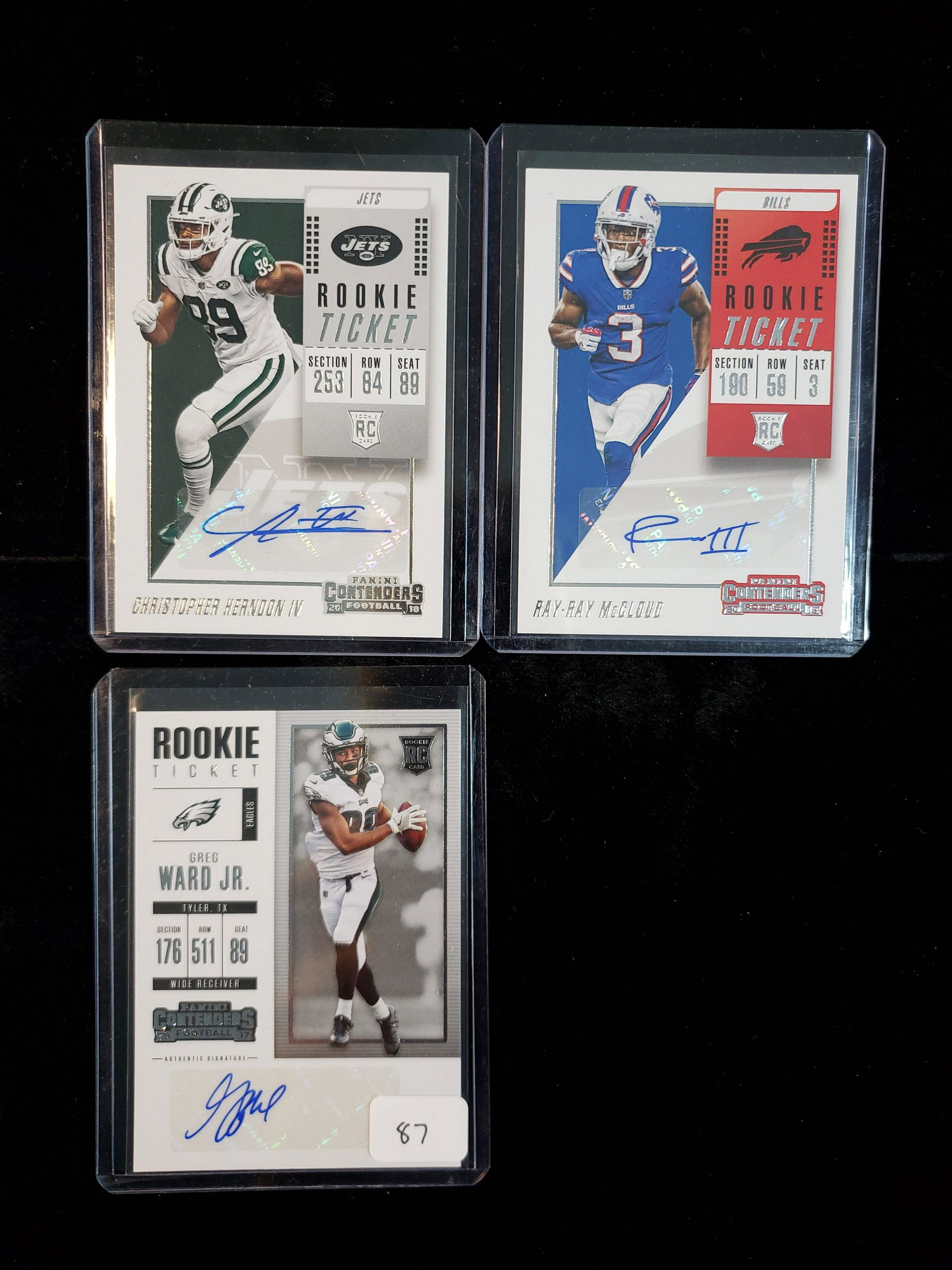 PANINI CONTENDERS ROOKIE TICKET SIGNATURE CARDS: GREG WARD EAGLES, CHRIS HERNDON JETS,RAY-RAY MCLOUD BILLS
