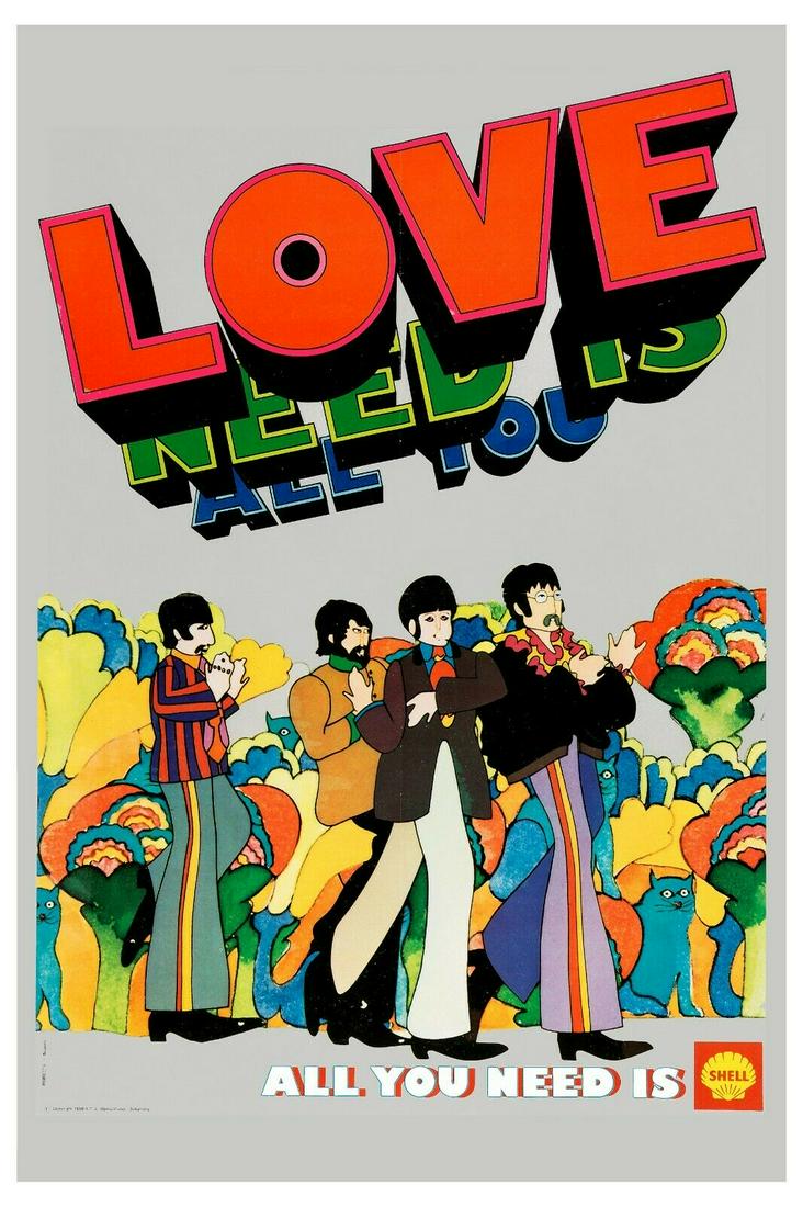 THE BEATLES SHELL OIL PROMO POSTER LOVE IS ALL YOU NEED: This ORIGINAL Poster/Window Card was a Promotional Item given to Record Stores Through the Shell Petroleum Company . This Promotional Window Card was from the late 1980's Early 1990's AND MEASURES 13