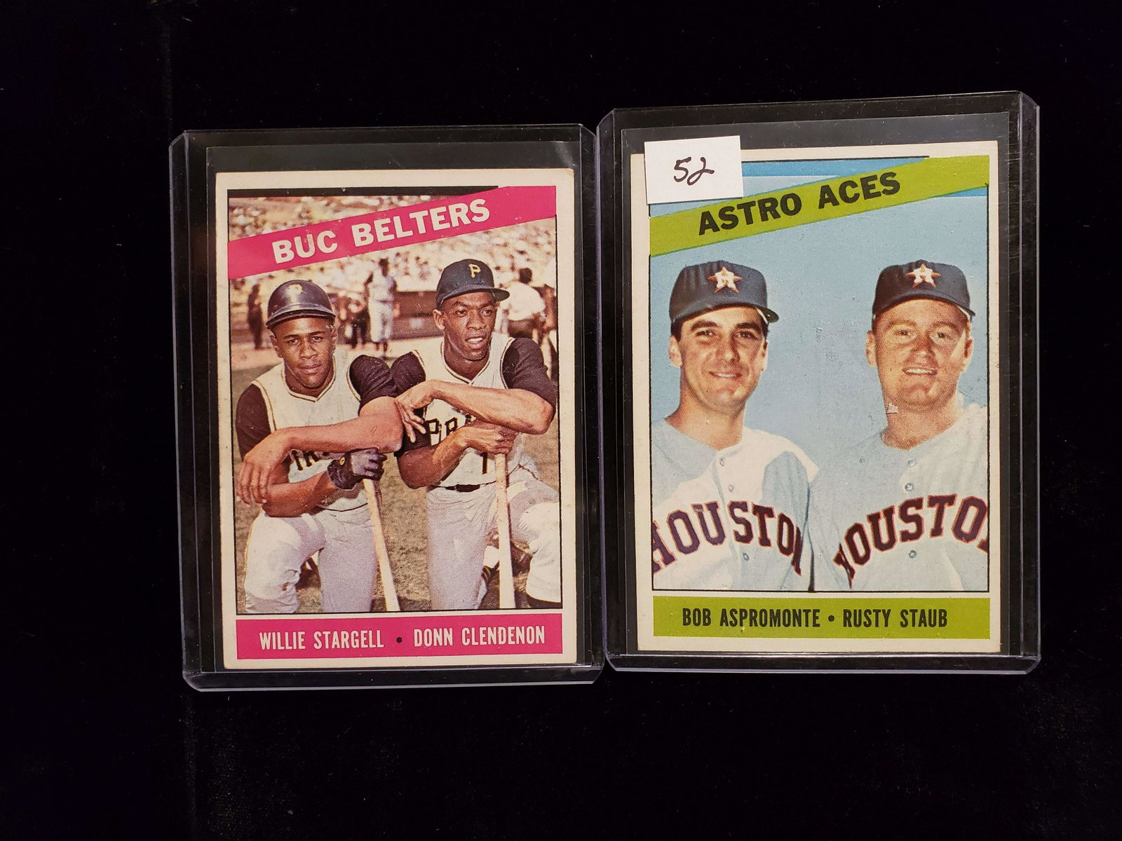 1966 TOPPS BASEBALL ALL-STAR COMBO CARDS: BUC BLASTERS WILLIE STARGELL AND DONN CLENDENON PIRATES CARD #99 AND ASTRO ACES BOB ASPROMONTE AND RUSTY STAUB HOUSTON ASTROS