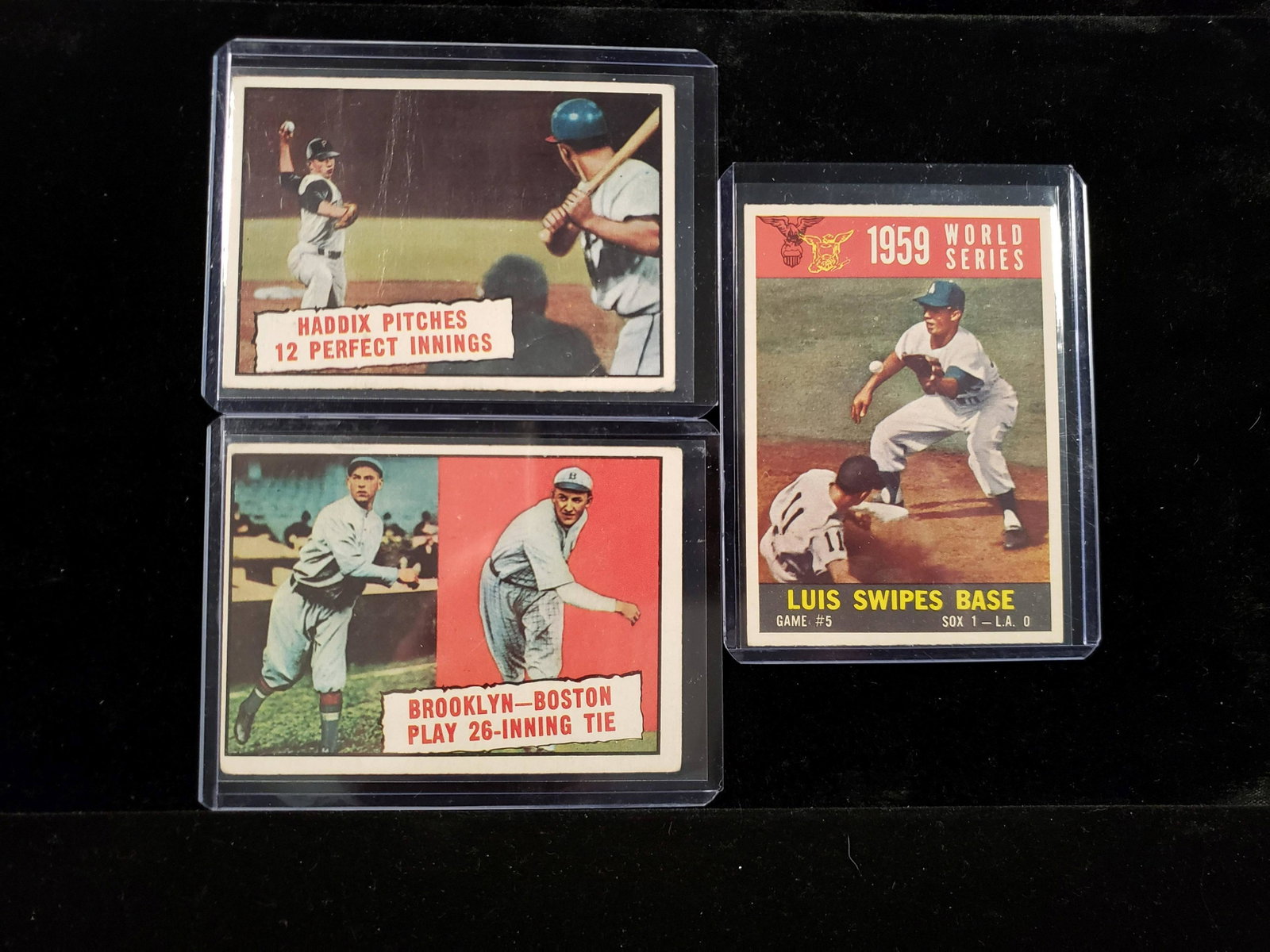 VINTAGE TOPPS BASEBALL WORLD SERIES HIGHLIGHTS: 1960 TOPPS LUIS APARICIO '59 SERIES, '61 TOPPS HARVEY HADDIX & BROOKLYN BOSTON 26 INNING TIE