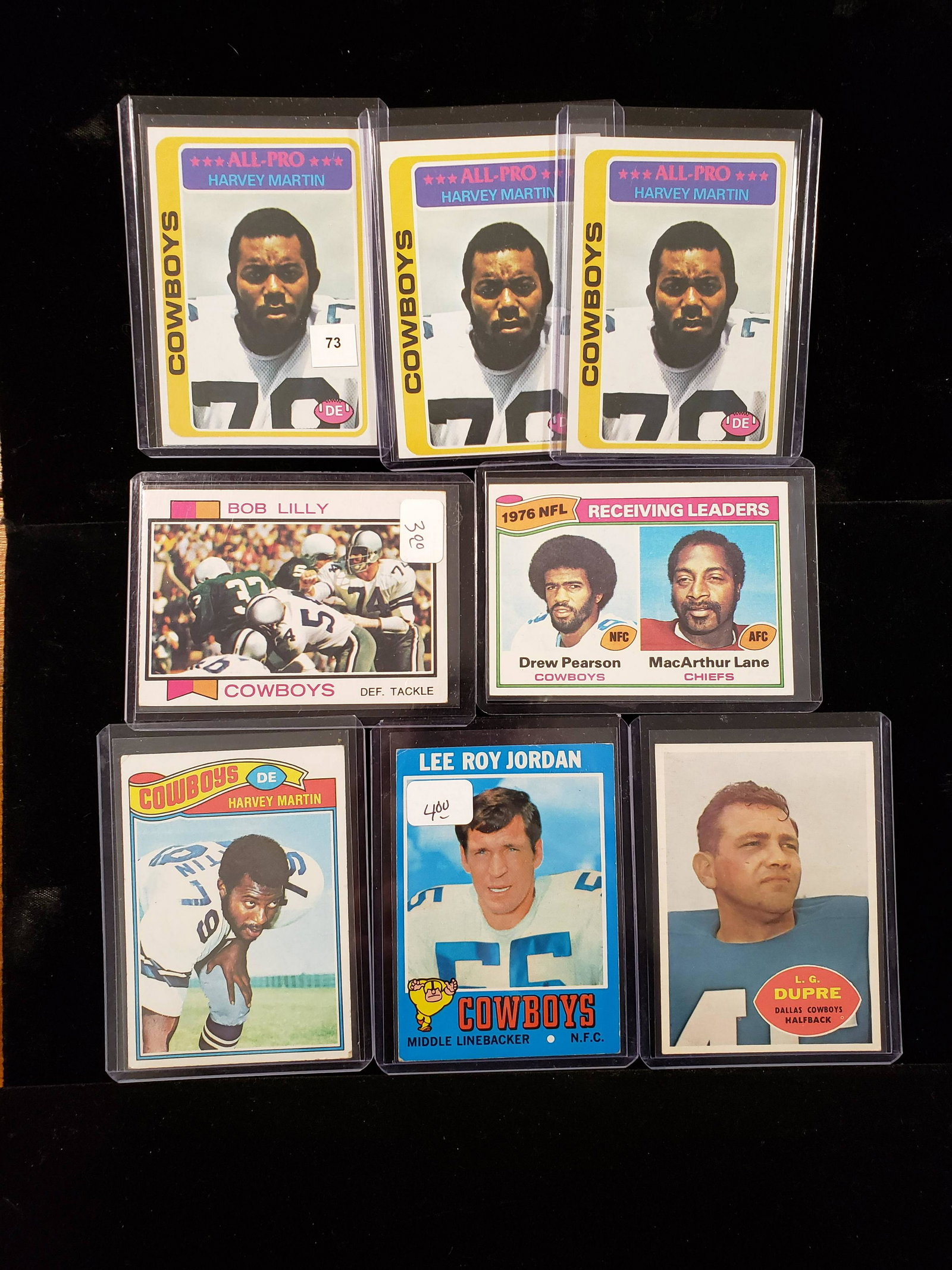 DALLAS COWBOYS VINTAGE FOOTBALL CARDS: DREW PEARSON, HARVEY MARTIN, 1973 BOB LILLY, 1960 L.G. DUPREE, 1971 LEE ROY JORDAN