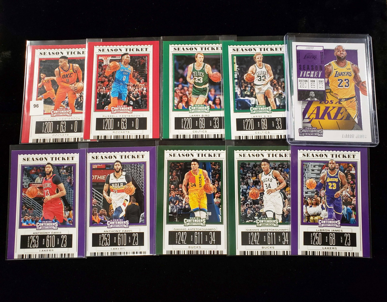 PANINI CONTENDERS HOME ROAD UNI CARDS: RUSSELL WESTBROOK, ANTHONY DAVIS, LARRY BIRD, THE GREEK FREAK, KING JAMES