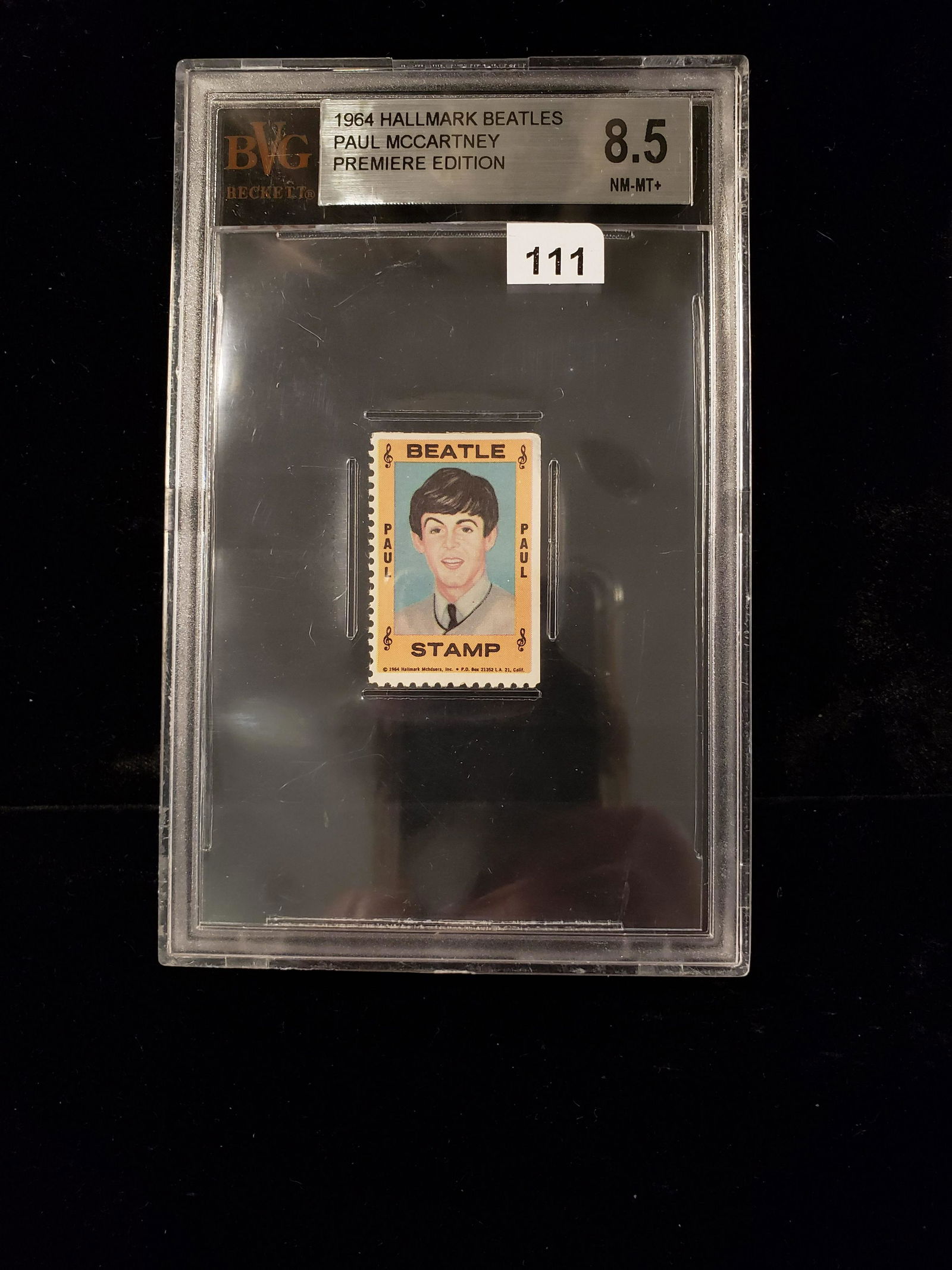 1964 HALLMARK BEATLES GEORGE HARRISON GRADED STAMP: THE FAB FOUR BVG 8.5 NRMT-MT+ SLABBED GEORGE HARRISON STAMP 1964 PREMIER EDITION