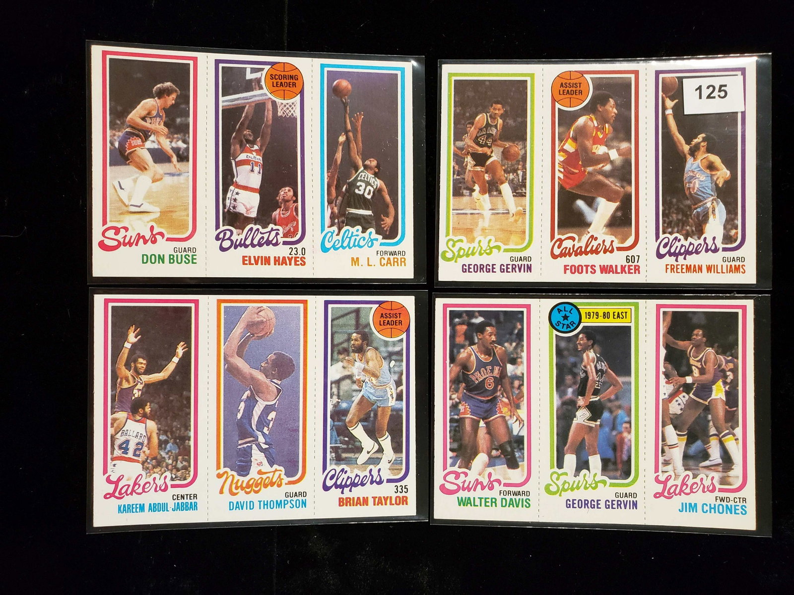 1980-81 TOPPS VINTAGE BASKETBALL CARDS 4 MINT PANELS: 1980 TOPPS BASKETBALL MINT PANEL WITH KAREEM ABDUL JABBAR, GEORGE THE ICE MAN GERVIN, ELVIN HAYES, ML CARR, FREEMNA WILLIAMS, FOOTS WALKER