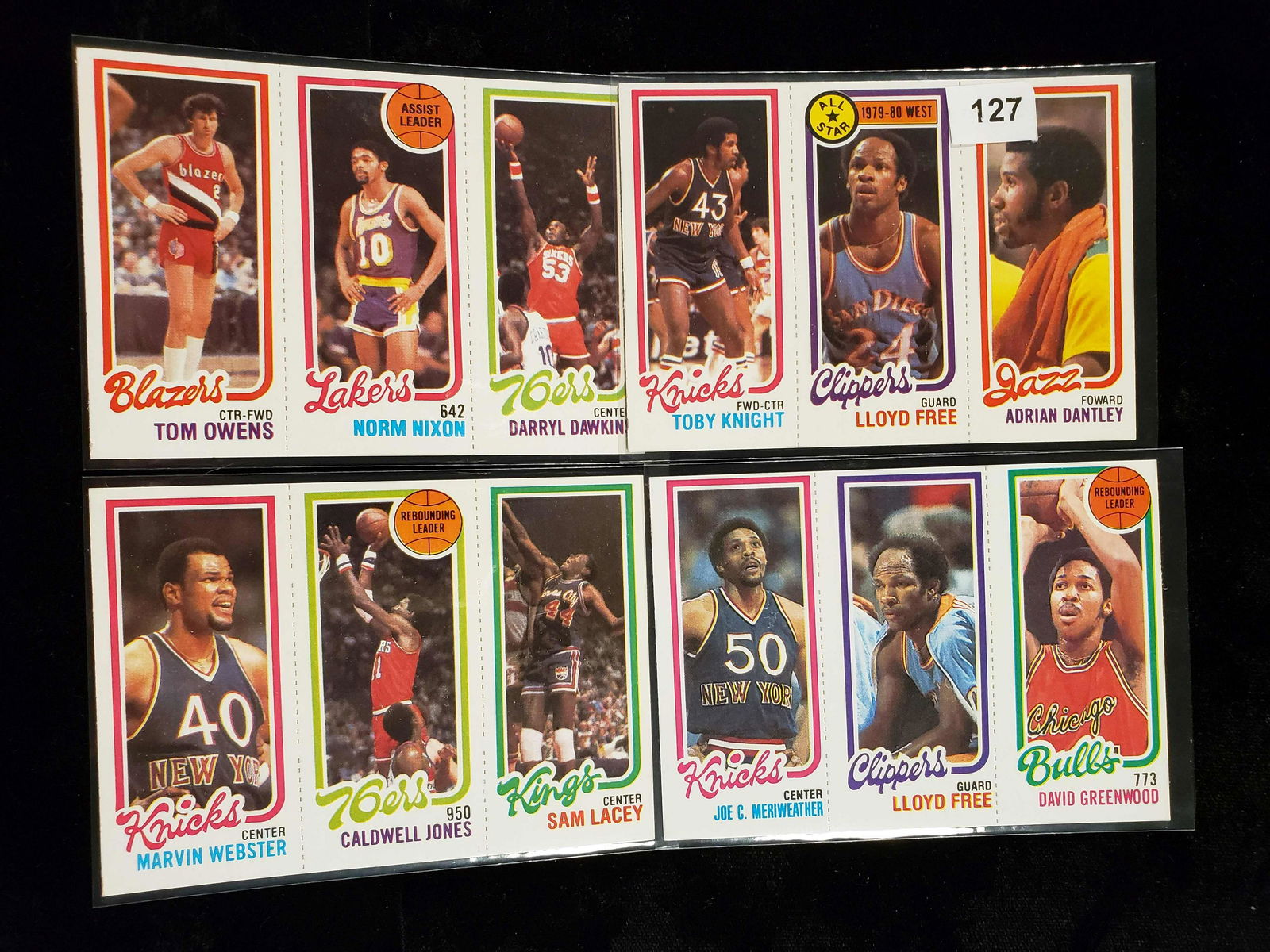 1980-81 TOPPS VINTAGE BASKETBALL CARDS 4 MINT PANELS: 1980 TOPPS BASKETBALL MINT PANELS WITH ARTIS GILMORE, LLOYD FREE, EARL THE PEARL MONROE, JAMES SILAS,MICHAEL RAY RICHARDSON, ROBERT REED, WES UNSELD