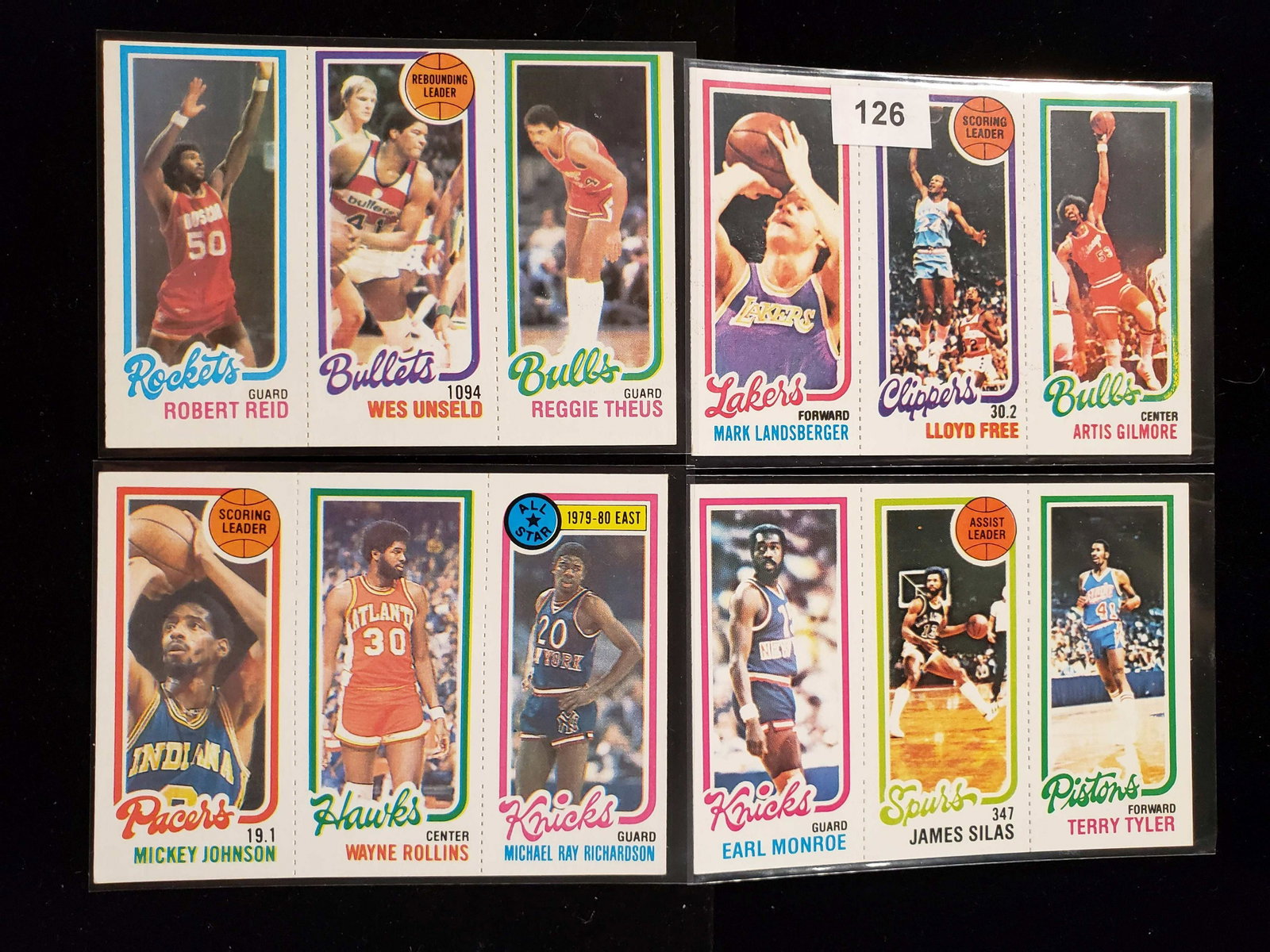 1980-81 TOPPS VINTAGE BASKETBALL CARDS 4 MINT PANELS: 1980 TOPPS BASKETBALL MINT PANEL WITH ADRIAN DANTLEY,NORM NIXON DARRYL DAWKINS, MARVIN WEBSTER, JAMES LACY,
