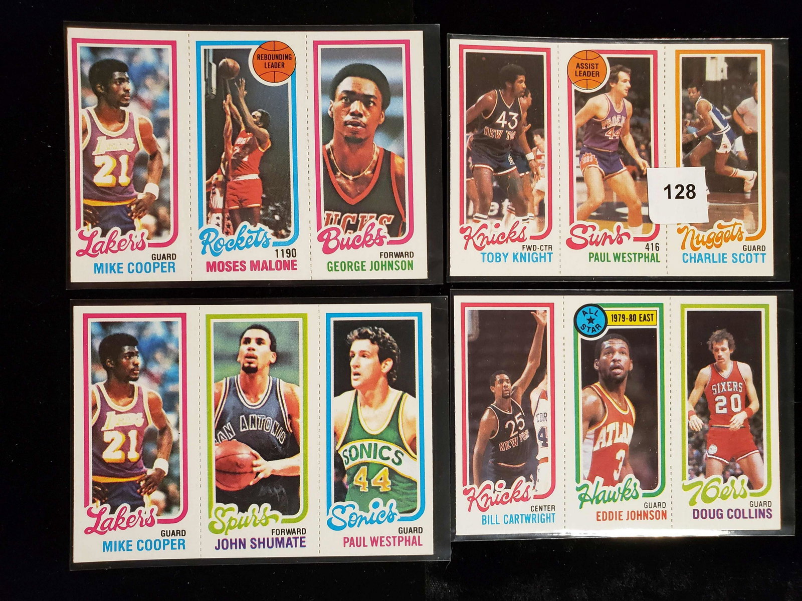1980-81 TOPPS VINTAGE BASKETBALL CARDS 4 MINT PANELS: 1980 TOPPS BASKETBALL MINT PANEL WITH PAUL WESTPHAL, BILL CARTWRIGHT,DOUG COLLINS,MICAHEL COOPER, MOSES MALONE
