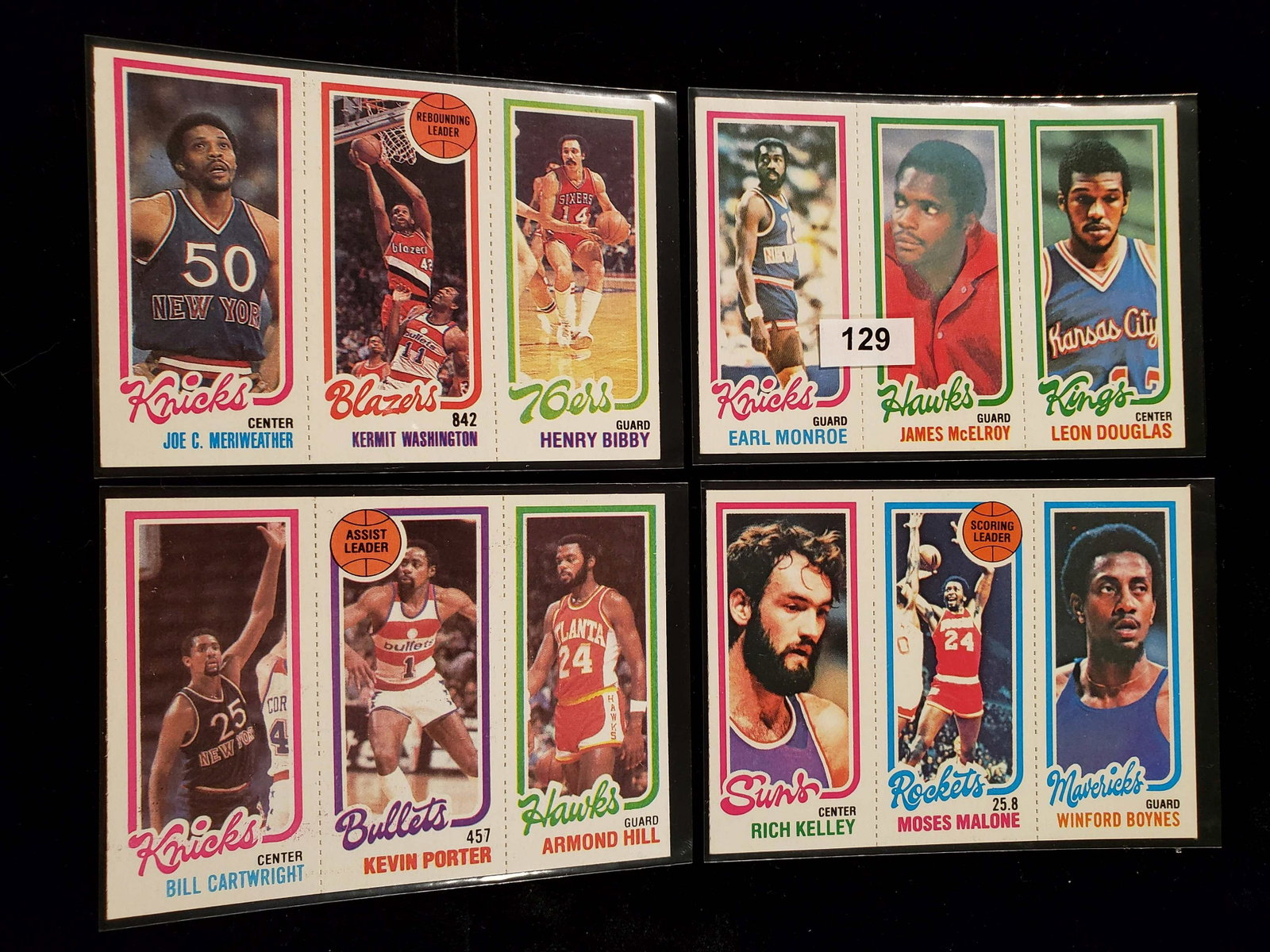 1980-81 TOPPS VINTAGE BASKETBALL CARDS 4 MINT PANELS: 1980 TOPPS BASKETBALL MINT PANELS WITH EARL MONROE, HENRY BIBBY, KERMIT WASHINGTON, MOSES MALONE, BILL CARTWRIGHT