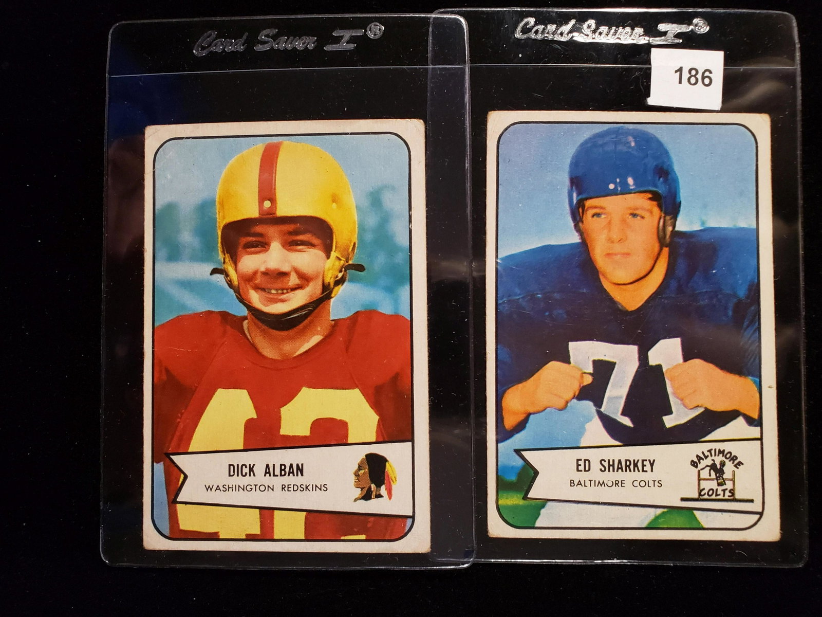 1954 BOWMAN FOOTBALL LOWER GRADE LOT: ED SHARKEY BALT. COLTS CARD #109, DICK ALBAN REDSKINS #51 BOTH CARDS WITH ISSUES BUT DISPLAY OK SEE PICS