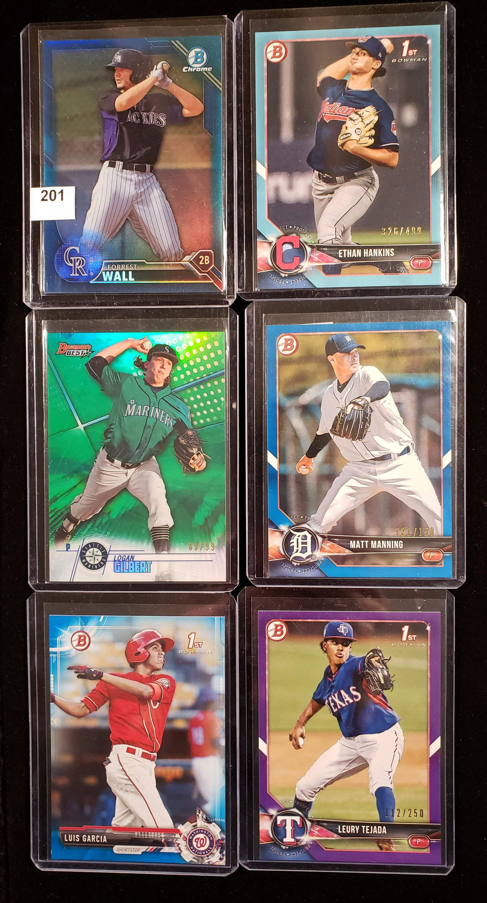 BOWMAN BASEBALL SHORT PRINT ROOKIE CARDS: FORREST WALL BLUE REFRACTOR150/150, MATT MANNING 121/150, LOGAN GILBERT GREEN 89/99