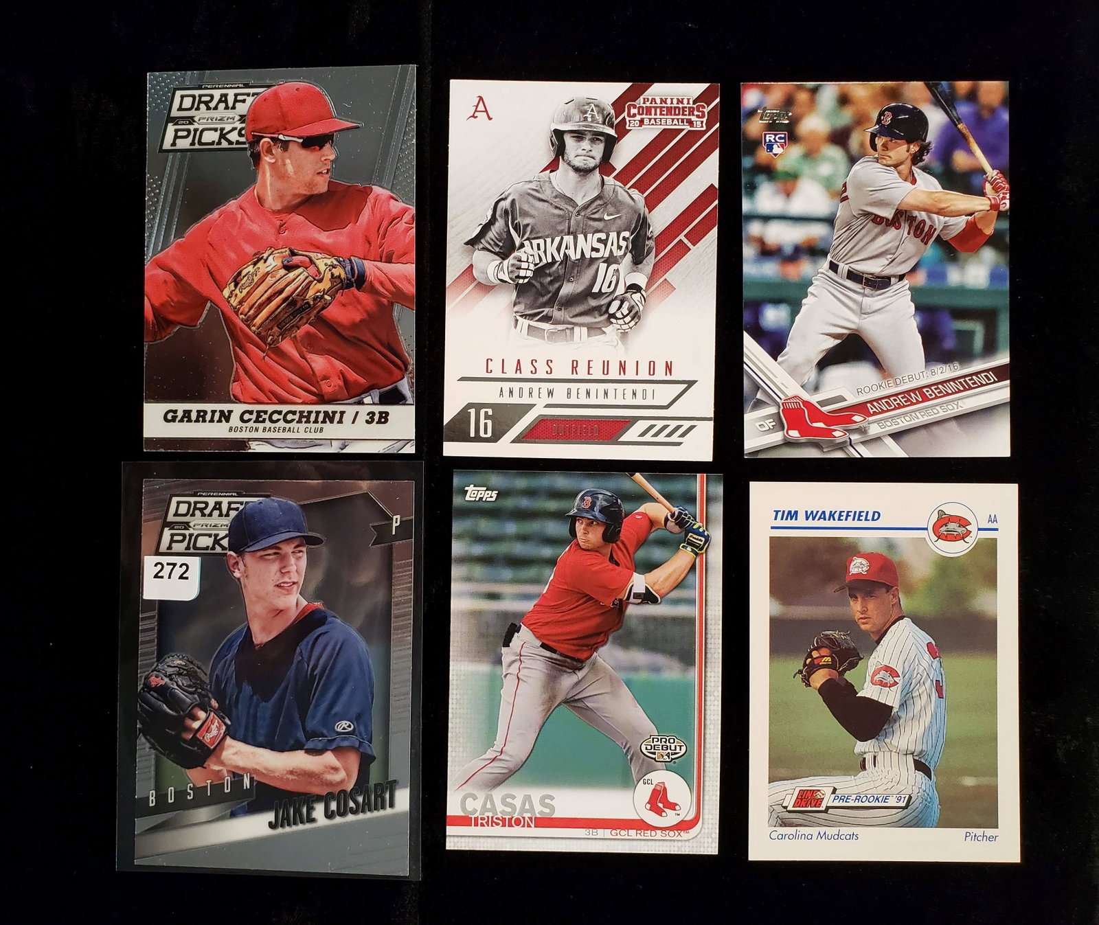 BOSTON RED SOX ROOKIE BASEBALL CARDS: GARIN CECCHINI, TRISTON CASAS, TIM WAKEFIELD, ANDREW BENINTENDI, JAKE COSART