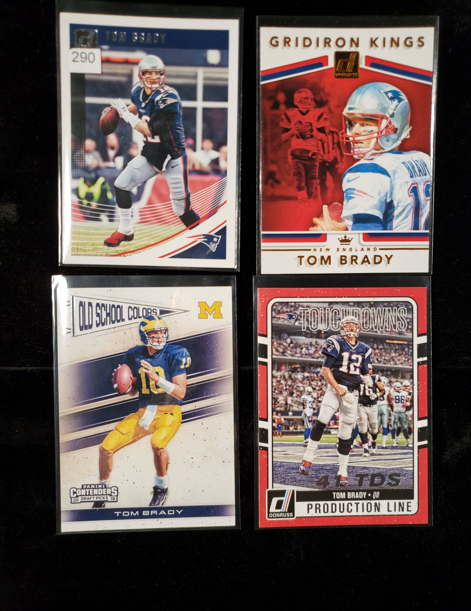 TOM BRADY FOOTBALL CARD COLLECTION: #TB12, #G.O.A.T. LOT OF 4 DIFFERENT CARDS WITH OLD SCHOOL COLORS MICHIGAN INSERT