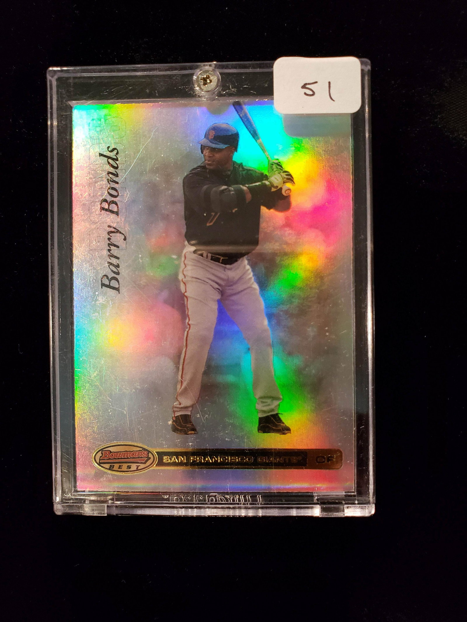 2007 BARRY BONDS BOWMANS BEST: BARRY BONDS REFRACTOR THICK PT. CARD IN ACRYLIC HOLDER