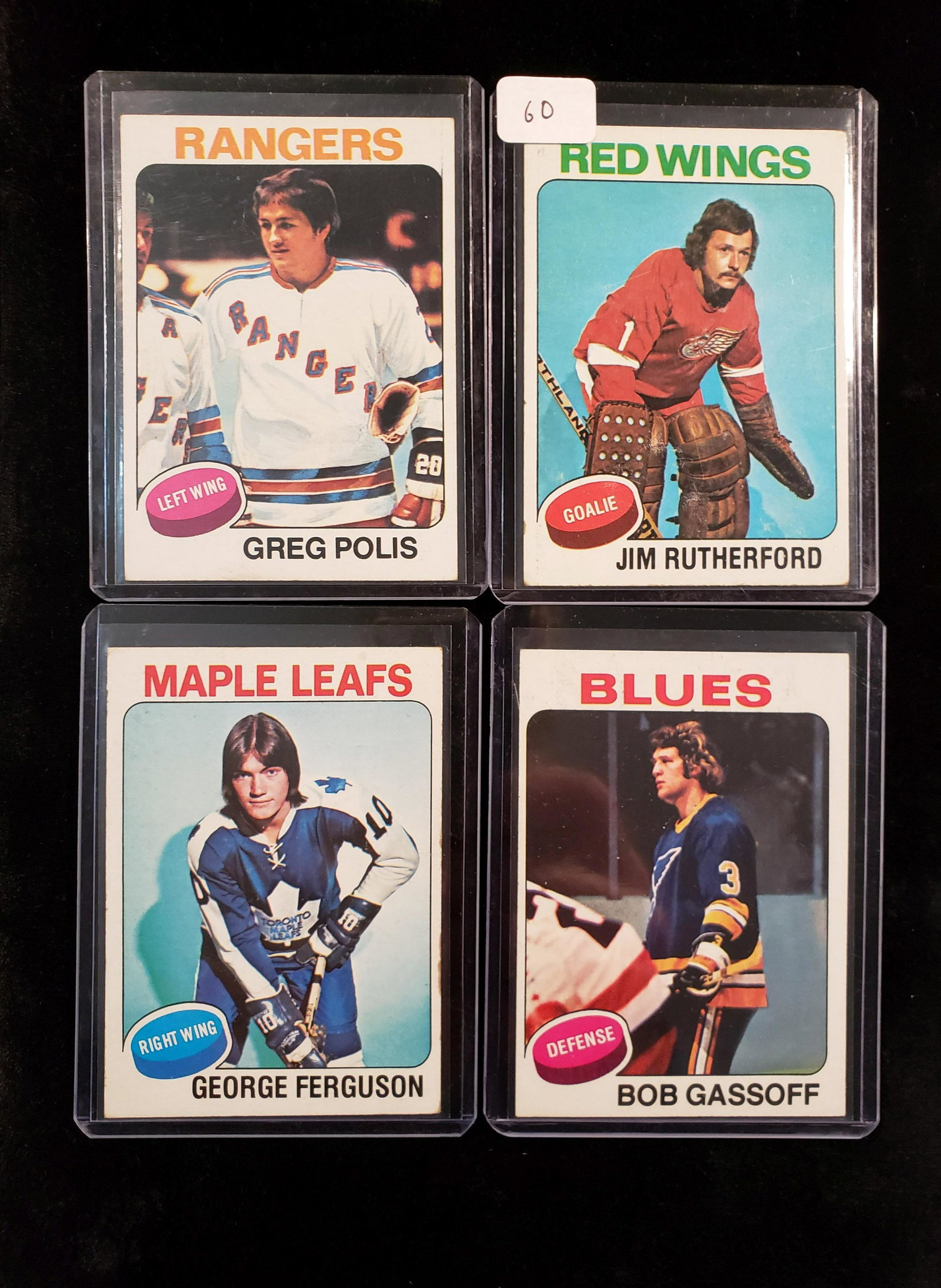 1975-'76 VINTAGE TOPPS HOCKEY CARDS: DETROIT RED WINGS JIM RUTHERFORD, GREG POLIS, BOB GASSOFF, GEORGE FERGUSON