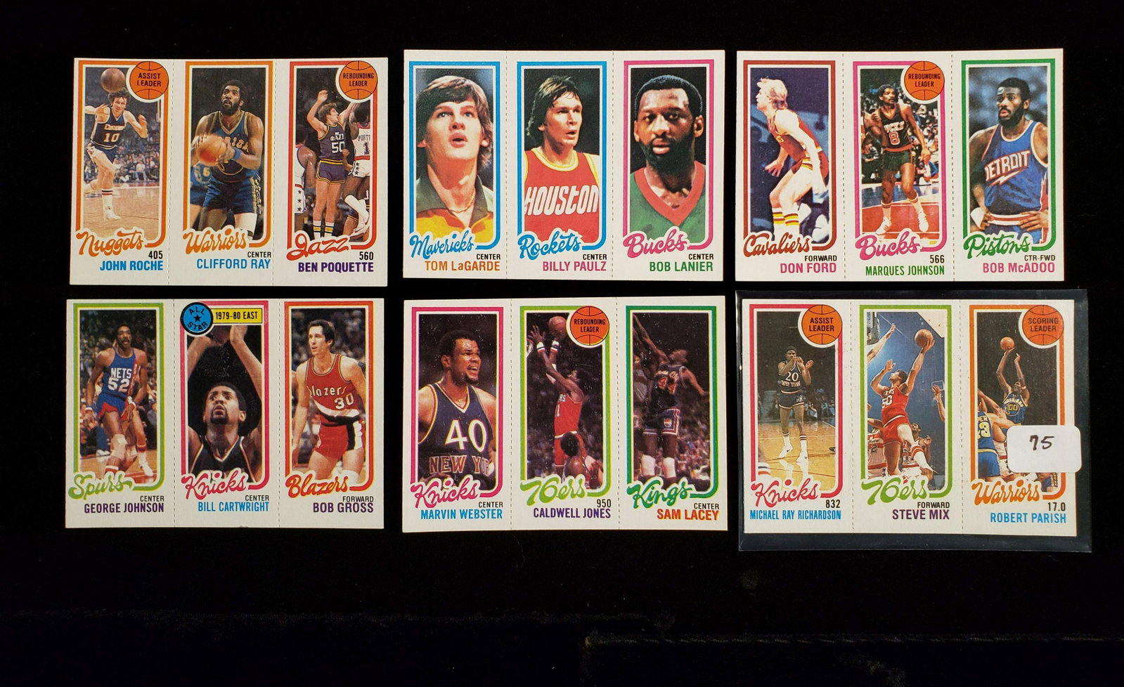 1980-81 TOPPS VINTAGE BASKETBALL CARDS 6 MINT PANELS: 1980 TOPPS BASKETBALL MINT PANEL WITH BILL CARTWRIGHT,BOB LANIER,BOB MCADOO, MARVIN WEBSTER, ROBERT PRISH