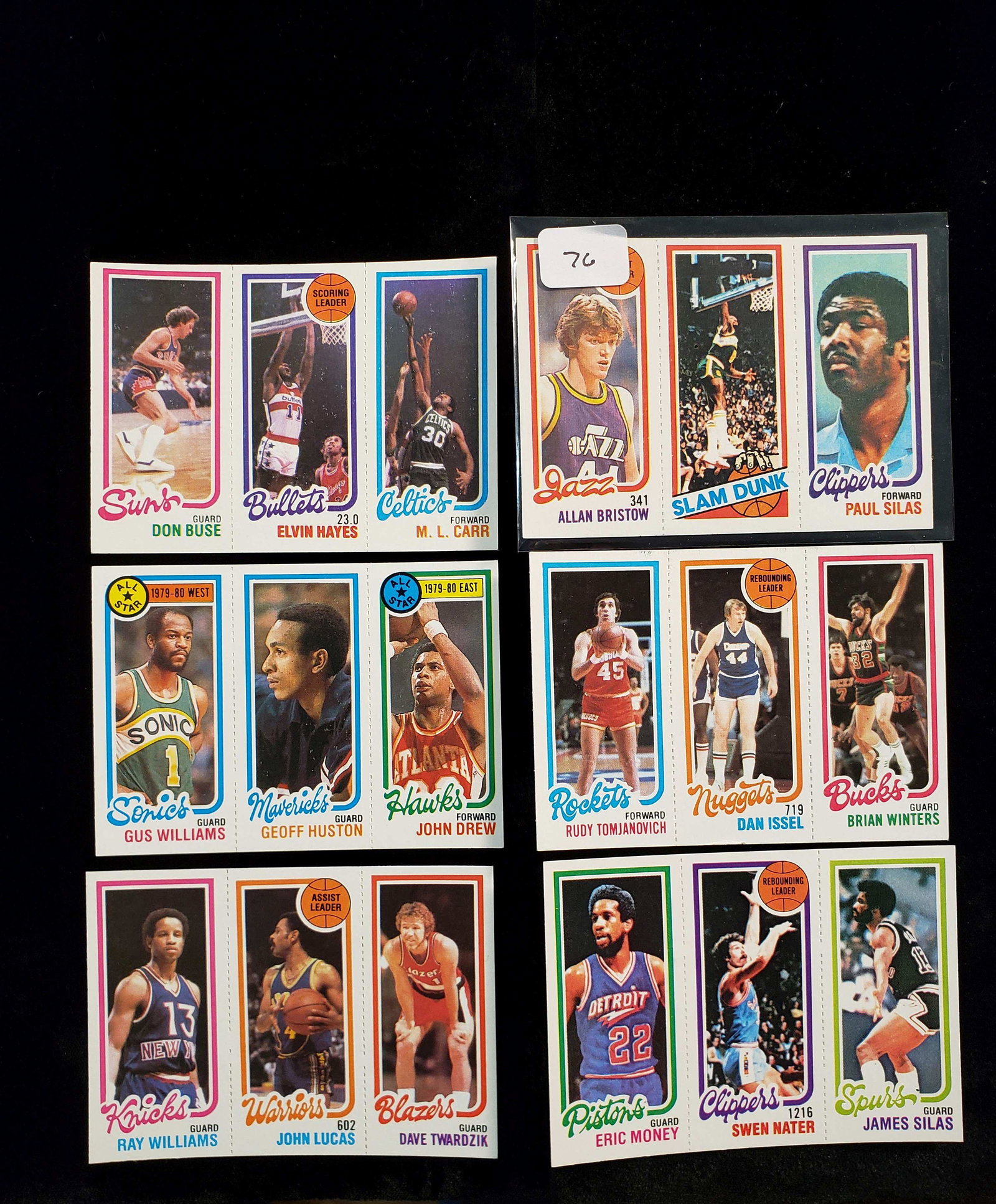 1980-81 TOPPS VINTAGE BASKETBALL CARDS 6 MINT PANELS: 1980 TOPPS BASKETBALL MINT PANEL WITH ELVIN HAYES, M.L. CARR,RUDY T.
