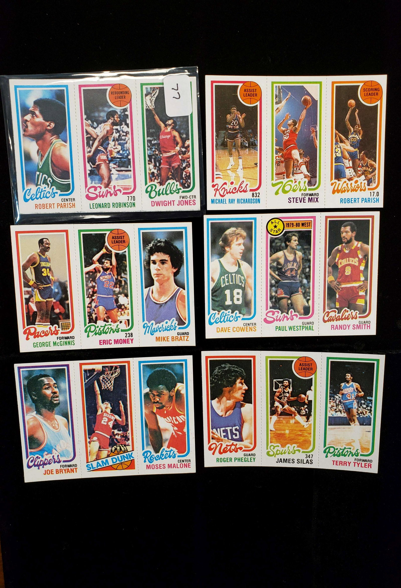 1980-81 TOPPS VINTAGE BASKETBALL CARDS 4 MINT PANELS: 1980 TOPPS BASKETBALL MINT PANEL MOSES MALONE, GEORGE MCGINNIS, DAVE COWENS ROBERT PARISH