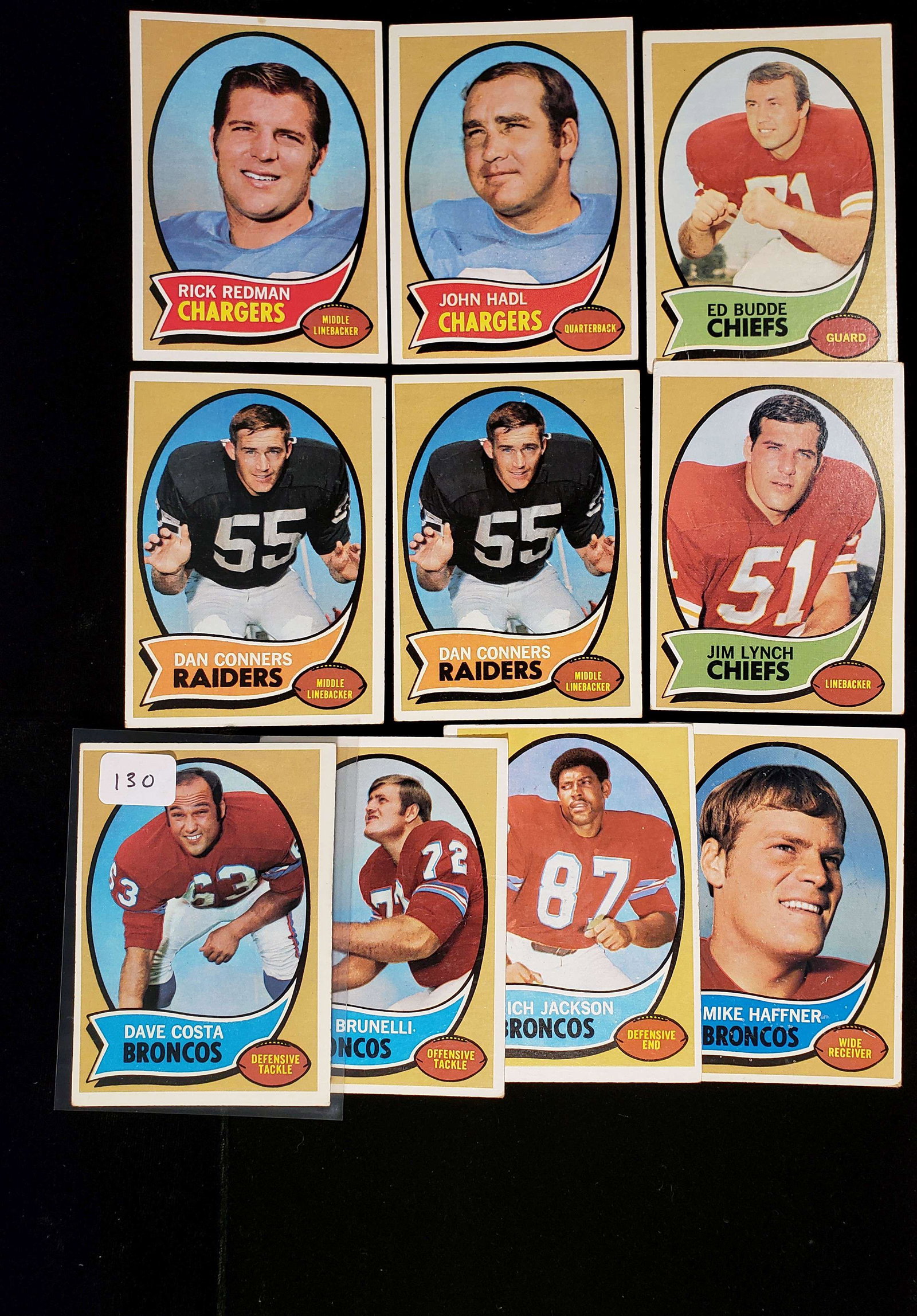 VINTAGE 1970 TOPPS FOOTBALL CARDS EXCELLENT CONDITION: LOT OF 10 1970 FOOTBALL CARDS OLD AFC WEST RIVALS LOT CHIEFS, DENVER AND OAKLAND