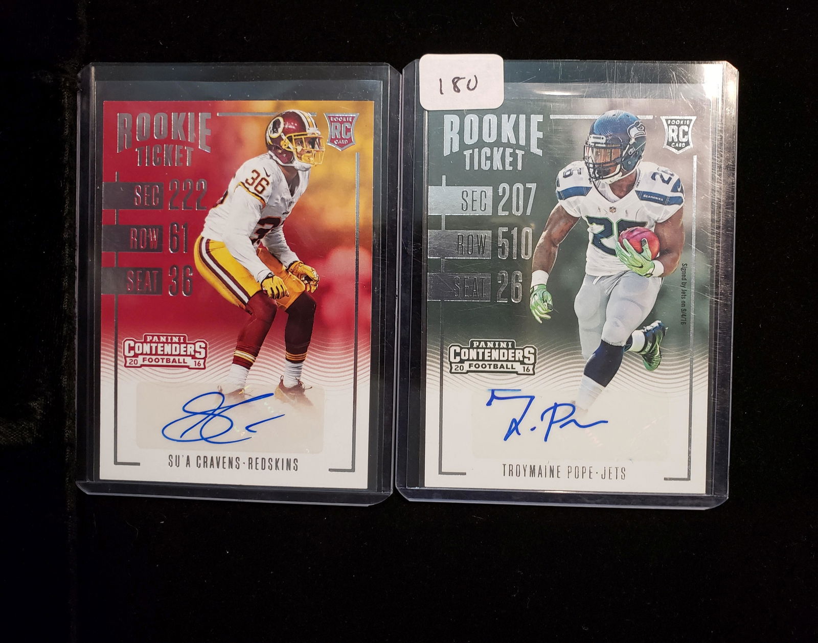 2018 PANINI CONTENDERS ROOKIE TICKET SIGNATURES CARD: WASHINGTON REDSKINS SU' A CRAVENS AND SEATTLE SEAHAWKS/JETS TROYMAINE POPE