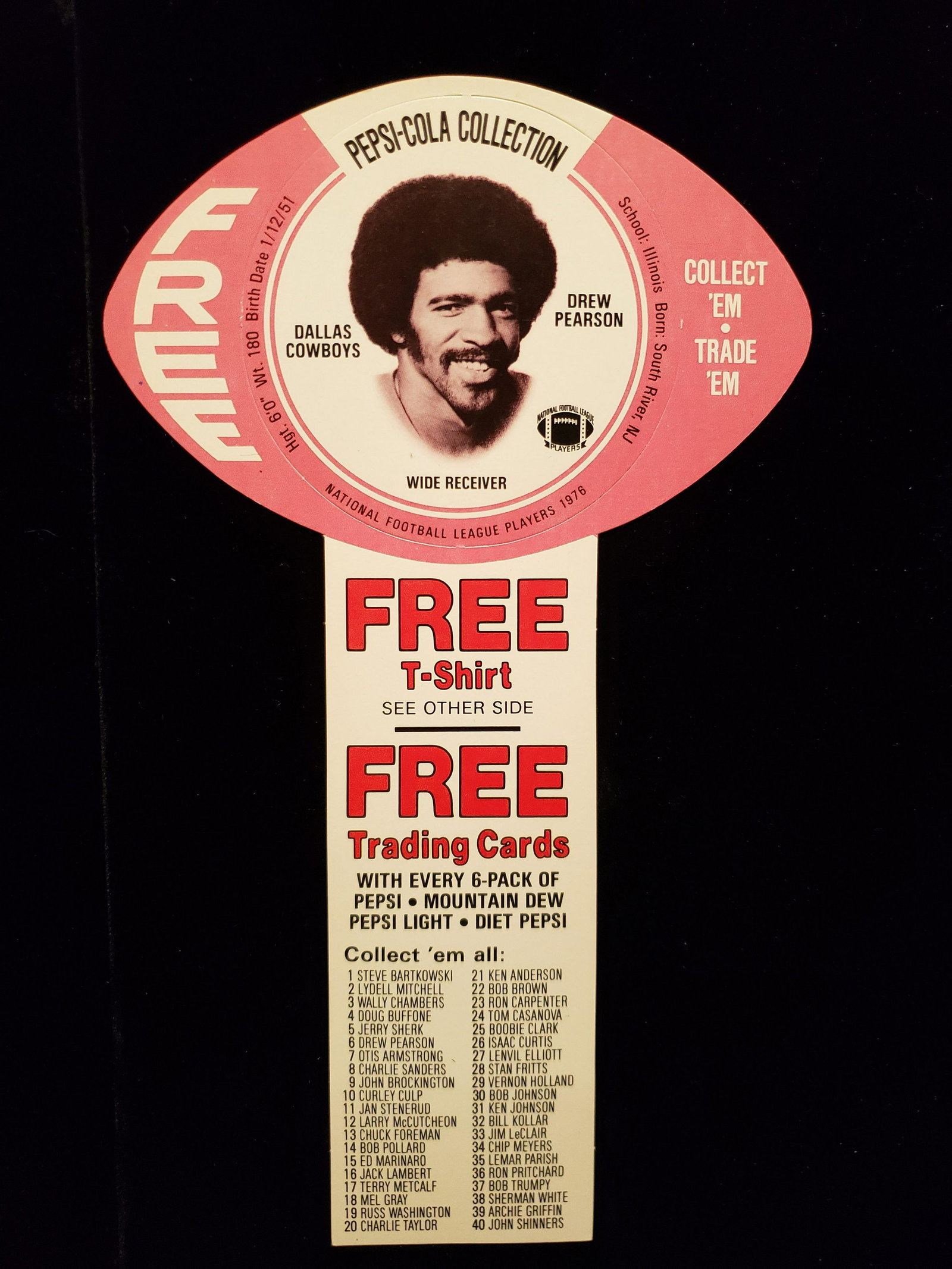 1976 DREW PEARSON PEPSI COLA BOTTLES PROMO CARD MINT: 1976 DREW PEARSON PEPSI COLA BOTTLES PROMO CARD MINT