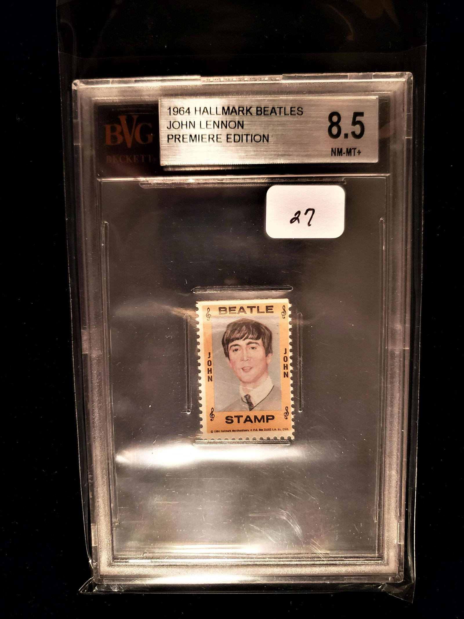 GRADED 1964 BEATLES JOHN LENNON STAMP: 1964 HALLMARK BEATLES JOHN LENNON PREMIERE EDITION COLLECTORS STAMP SLABBED ANDGRADED 8.5/10 NM-MT+