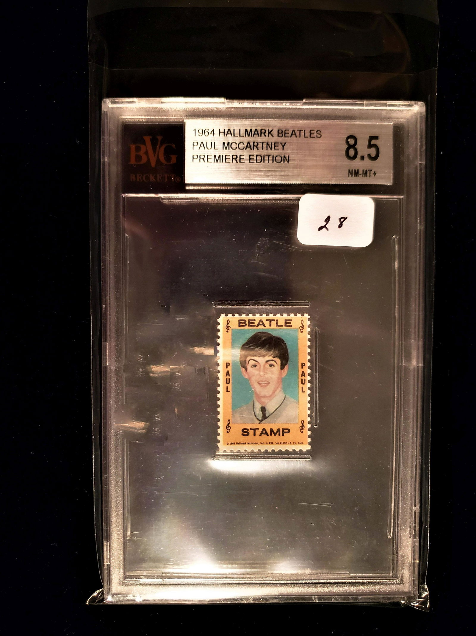 GRADED 1964 BEATLES HALLMARK COLLECTORS STAMP: 1964 HALLMARK BEATLES PAUL MCCARTNEY PREMIERE EDITION COLLECTORS STAMP SLABBED ANDGRADED 8.5/10 NM-MT+