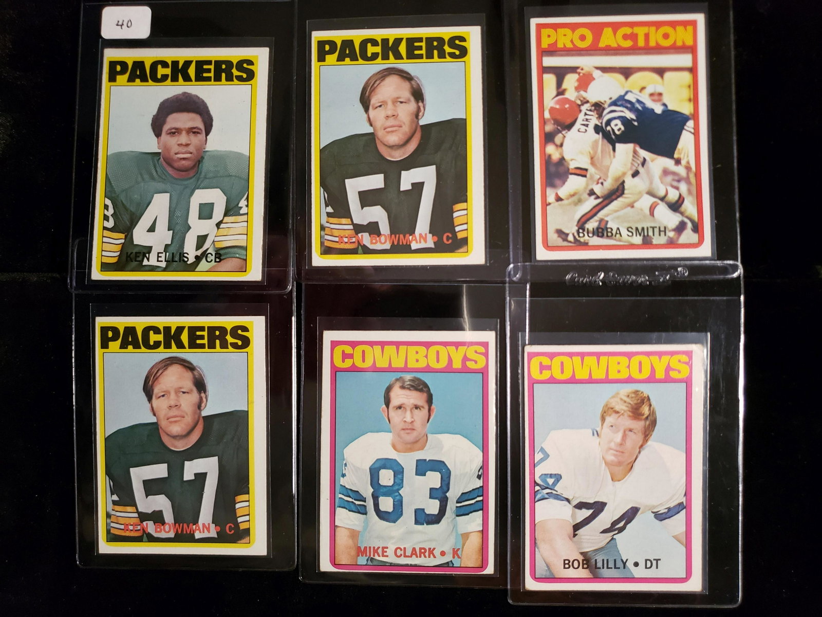 VINTAGE NFL FOOTBALL CARDS: 1972 TOPPS FOOTBALL CARDS GREEN BAY PACKERS AND DALLAS COWBOYS WITH BOB LILLY AND BUBBA SMITH IN ACTION