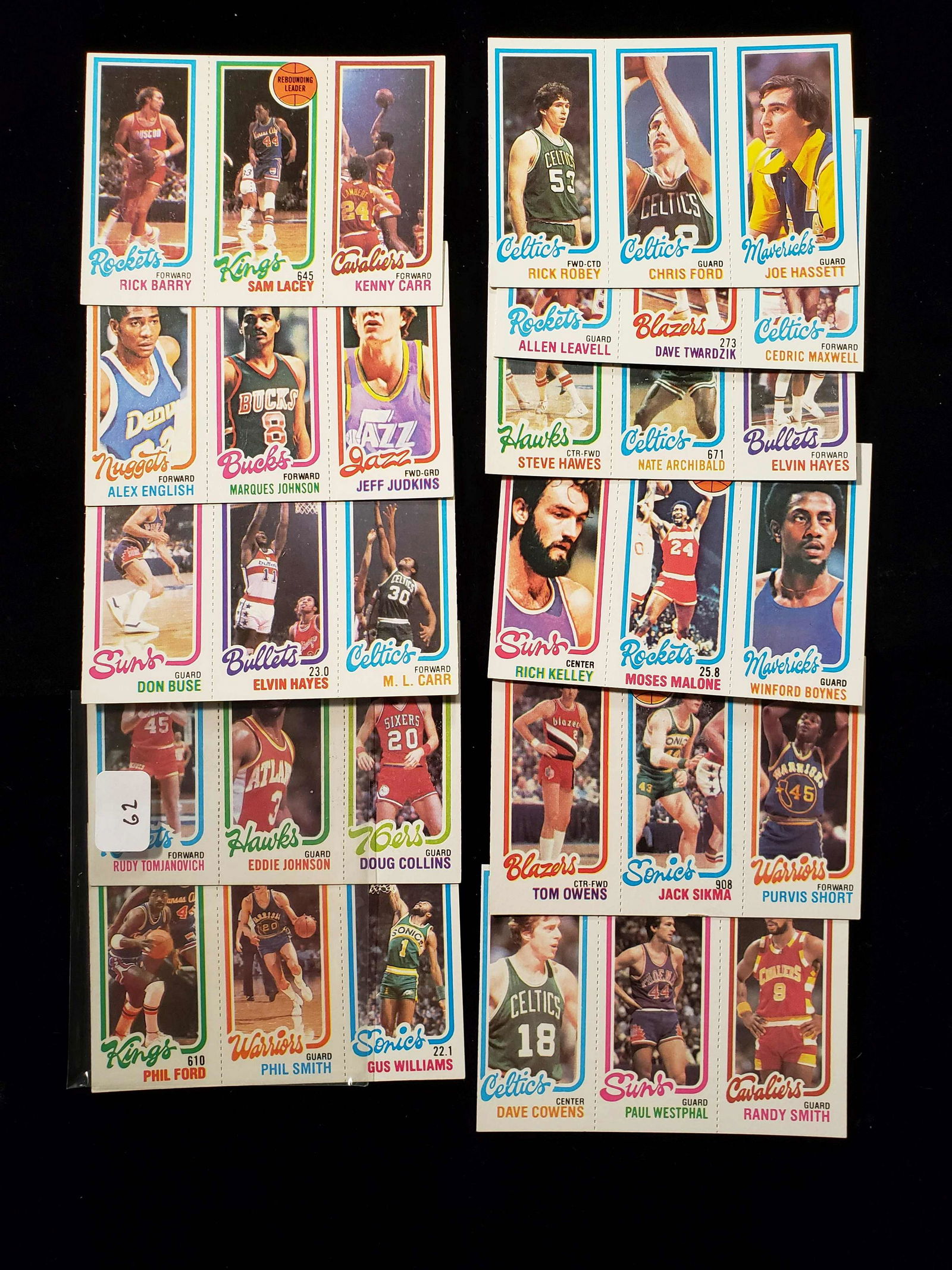 1980-81 TOPPS VINTAGE BASKETBALL CARDS 10 MINT PANELS: 1980 TOPPS BASKETBALL MINT PANELS WITH PHIL FORD, RUDY T., DOUG COLLINS, ELVIN HAYES, M.L. CARR, RICK BARRY, ALEX ENGLISH, MOSES MALONE, PURVIS SHORT, NATE 'TINY' ARCHIBALD