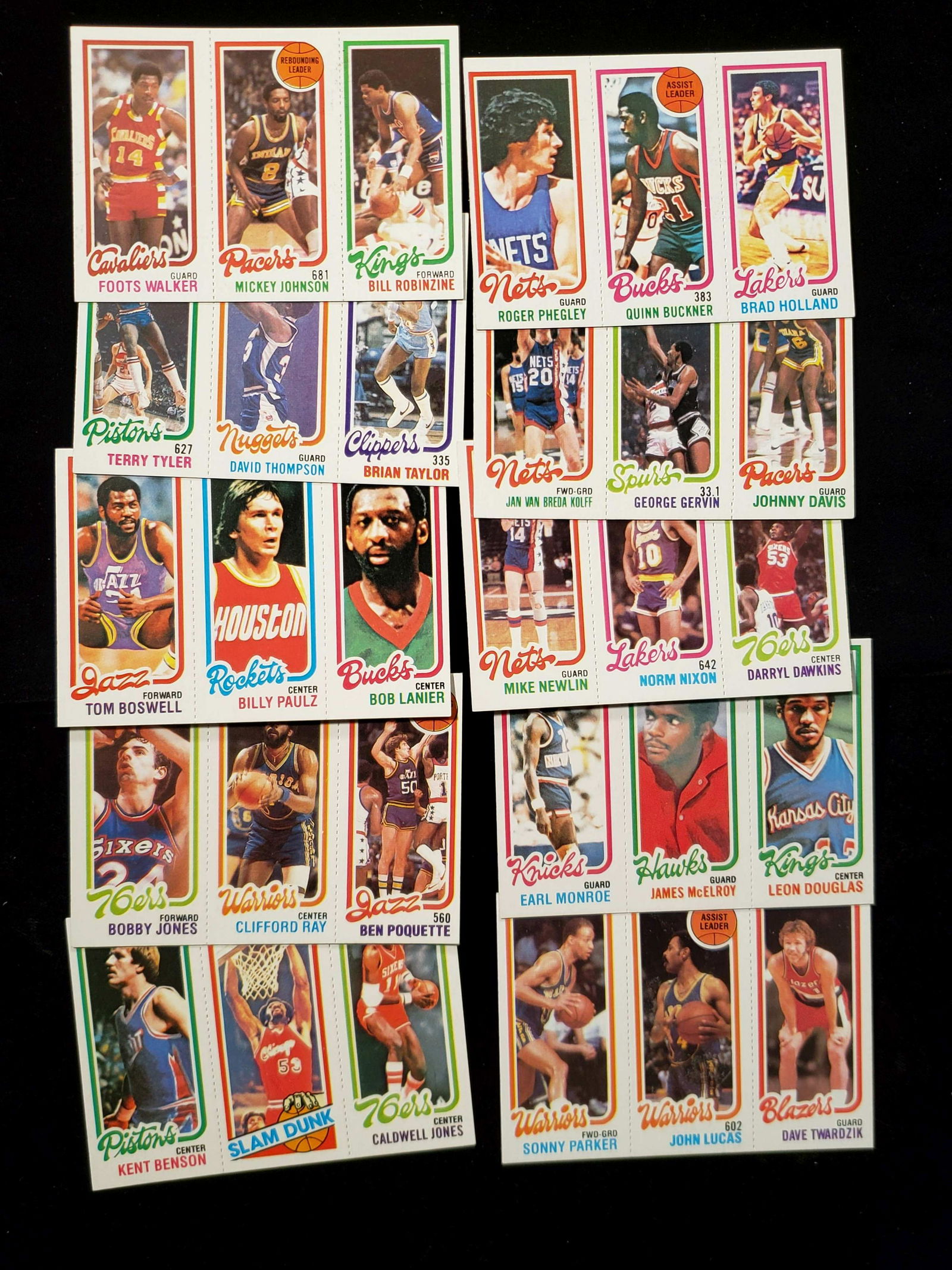 1980-81 TOPPS VINTAGE BASKETBALL CARDS 10 MINT PANELS: 1980 TOPPS BASKETBALL MINT PANELS WITH DARRYL DAWKINS, GEORGE GERVIN, EARL MONROE, SONNY PARKER, DAVID THOMPSON, BOBBY JONES, BOB LANIER, ARTIS GILMORE SLAM DUNK INSERT