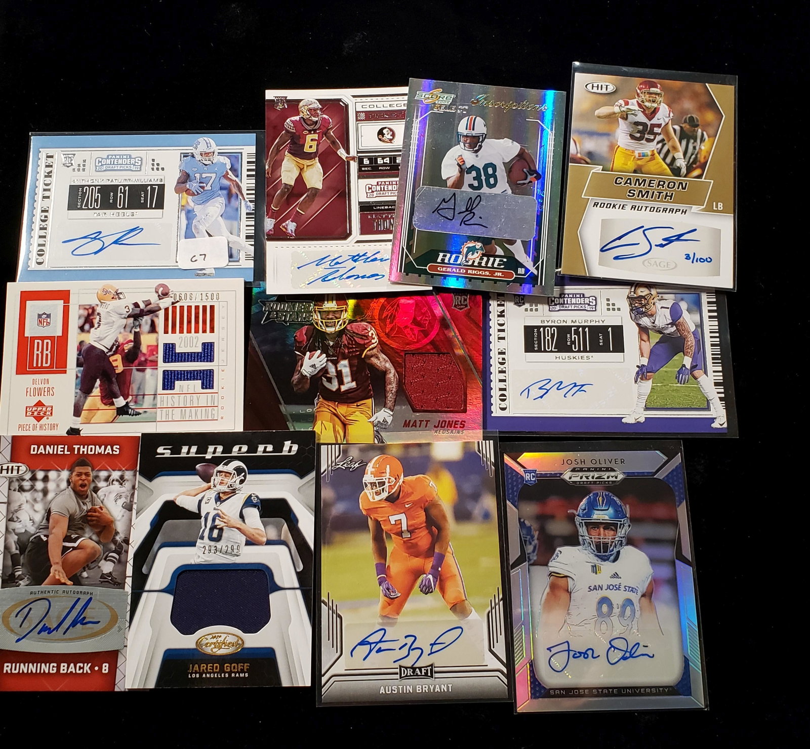 LOT OF 11 NFL FOOTBALL AUTOGRAPHED AND JERSEY RELIC: MATTHEW THOMAS FLORIDA STATE AUTO, MATT JONES REDSKINS, JARED GOFF, AUSTIN BRYANT CLEMSON TIGERS,