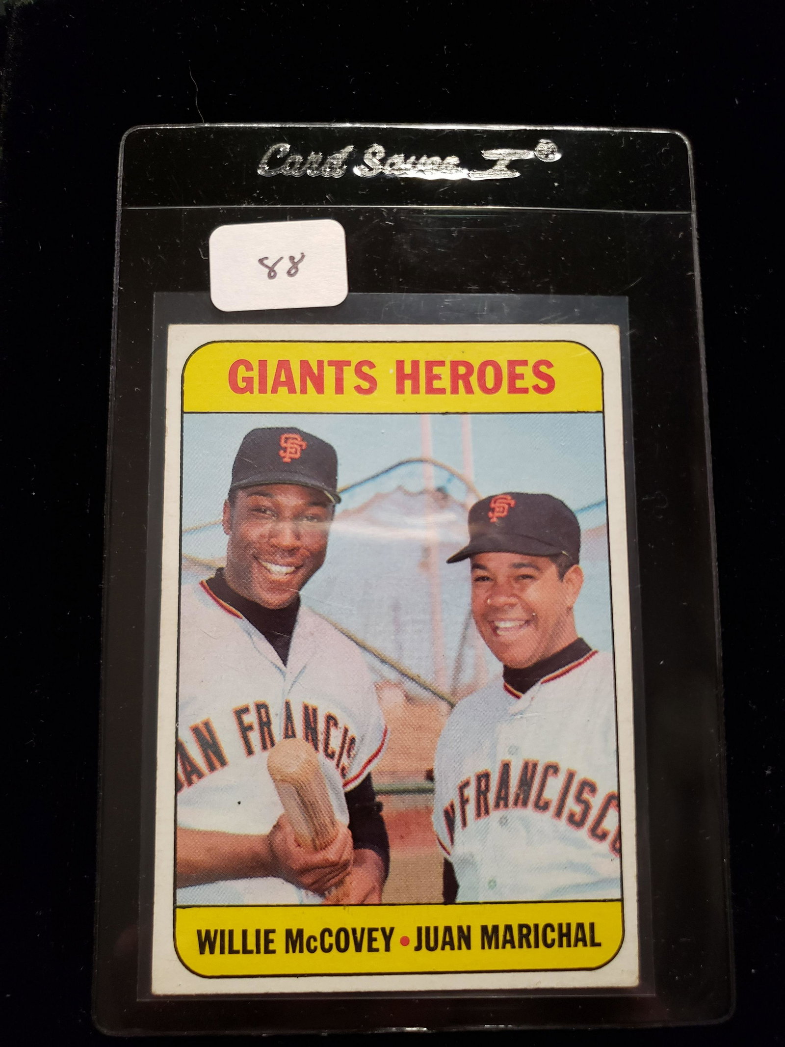 1966 TOPPS BASEBALL INSERT CARD GIANTS HEROES CARD #572: GIANTS HEROES AND BASEBALL HALL OF FAMERS WILLIE McCOVEY AND JUAN MARICHAL CARD IS MINT WITH PERFECT CENTERING REAL SHARP ONE HERE