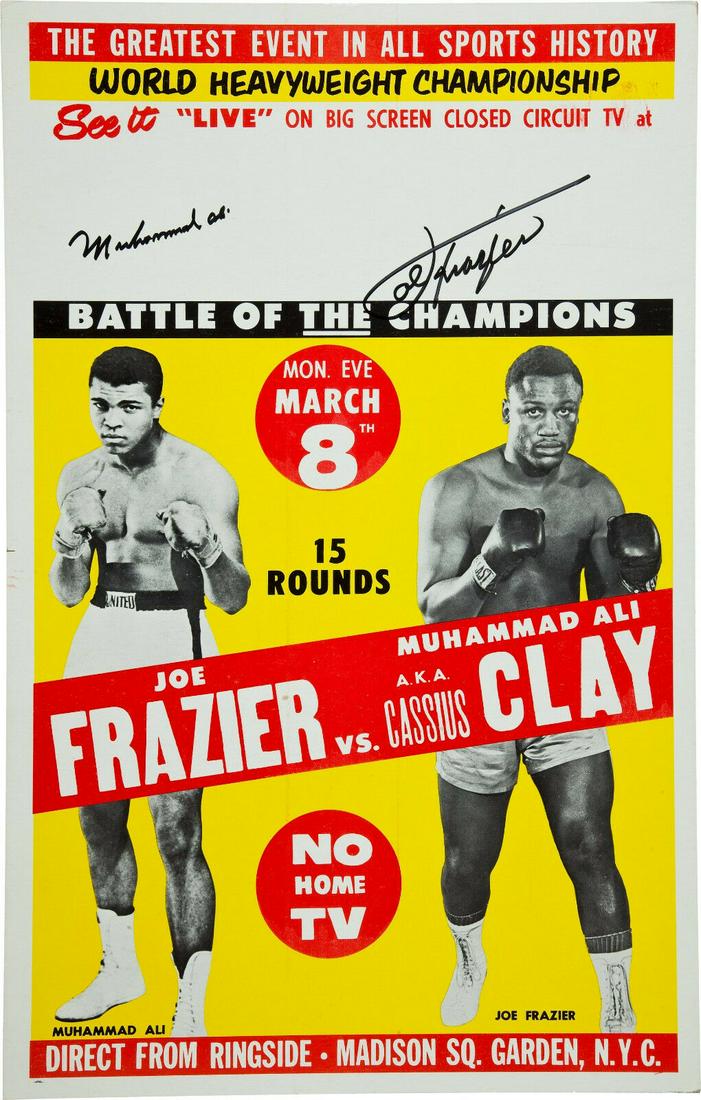 Muhammad ALI VS. Joe Frazier Fight PROMO POSTER: PROMOTIONAL REPRODUCTION FOR THE Closed Circuit SHOWINGS OF THE TITLE FIGHT BETWEEN Muhammad ALi AND Joe Frazier in 1971. LARGER FORMAT 24" X 36". THIS LOT SHIPS SEPARATELY FOR $8.95 IN A THICK MAILIN