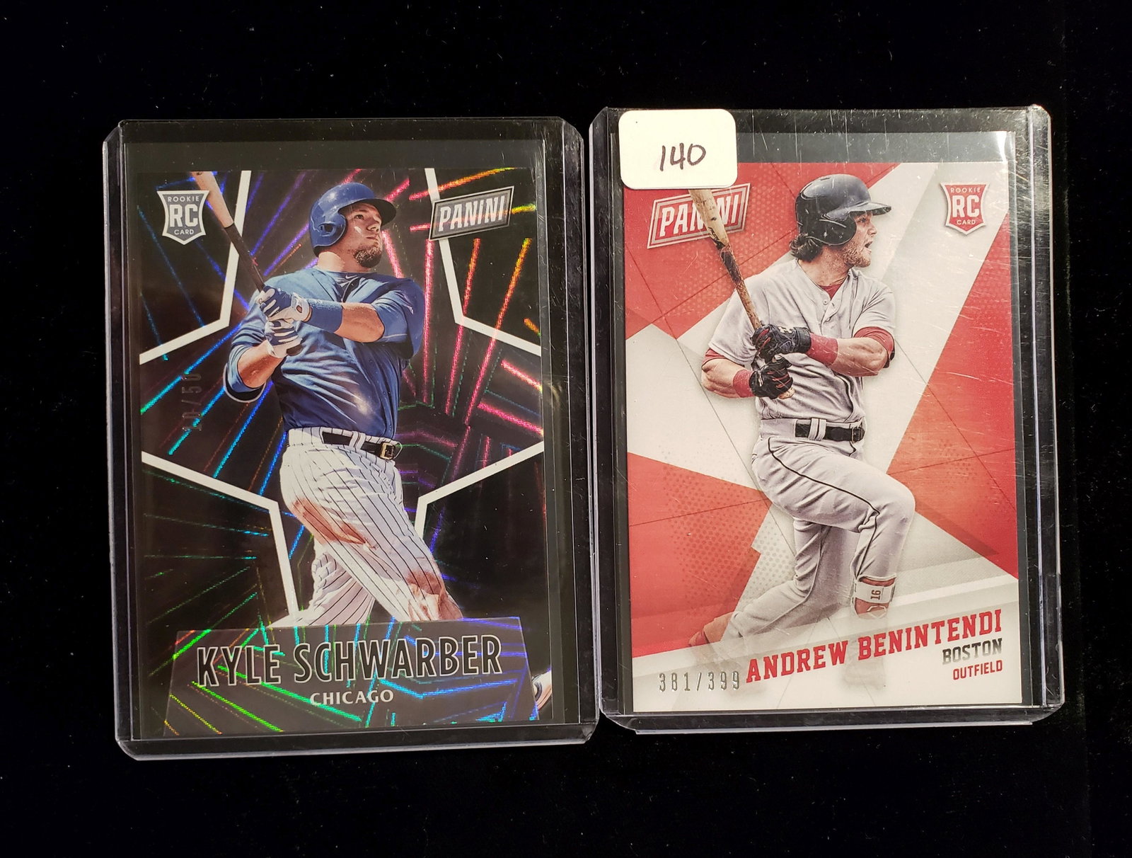 LOT OF 2 SHORT PRINT PANINI 'BLACK FRIDAY' ROOKIE CARDS: ANDREW BENINTENDI 2017 BLACK FRIDAY EDITION 381/399, KYLE SCHWARBER 2016 BLACK FRIDAY EDITION 10/50