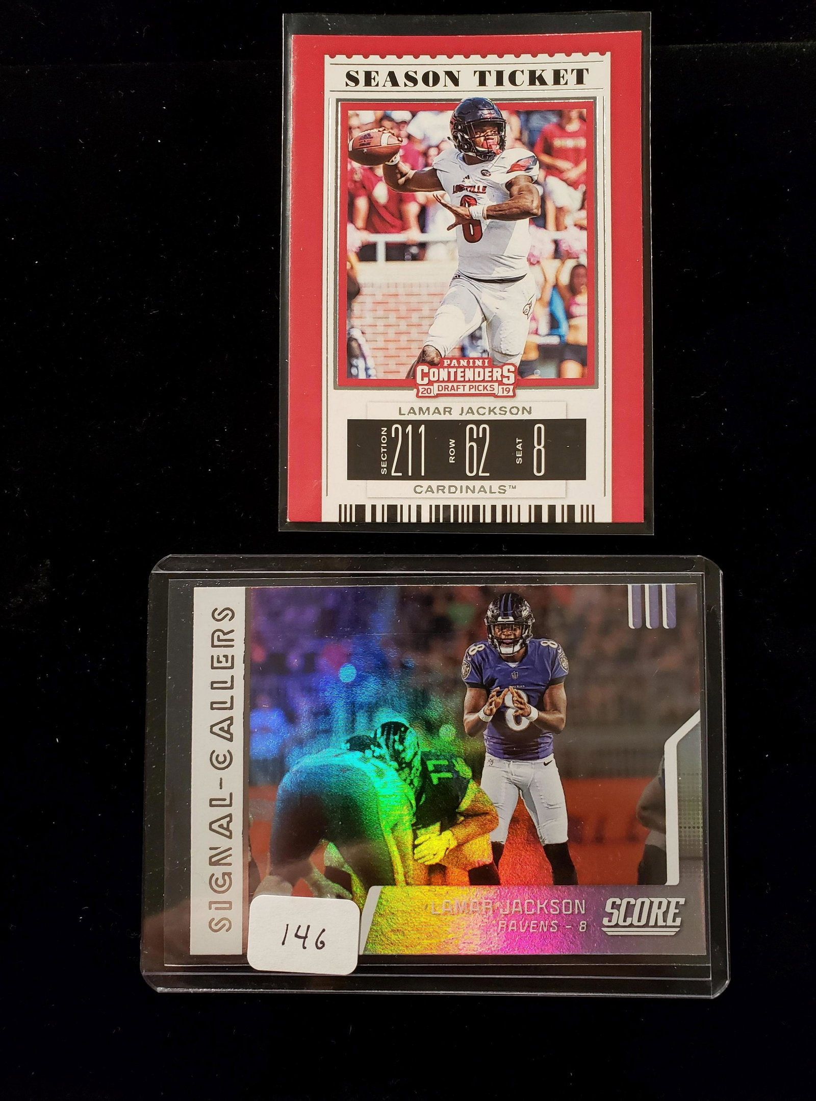 LOT OF 2 LAMAR JACKSON BALT. RAVENS FOOTBALL CARDS: PANINI CONTENDERS SEASON TICKET AND 2019 SCORE HOLO FOIL INSERT CARD